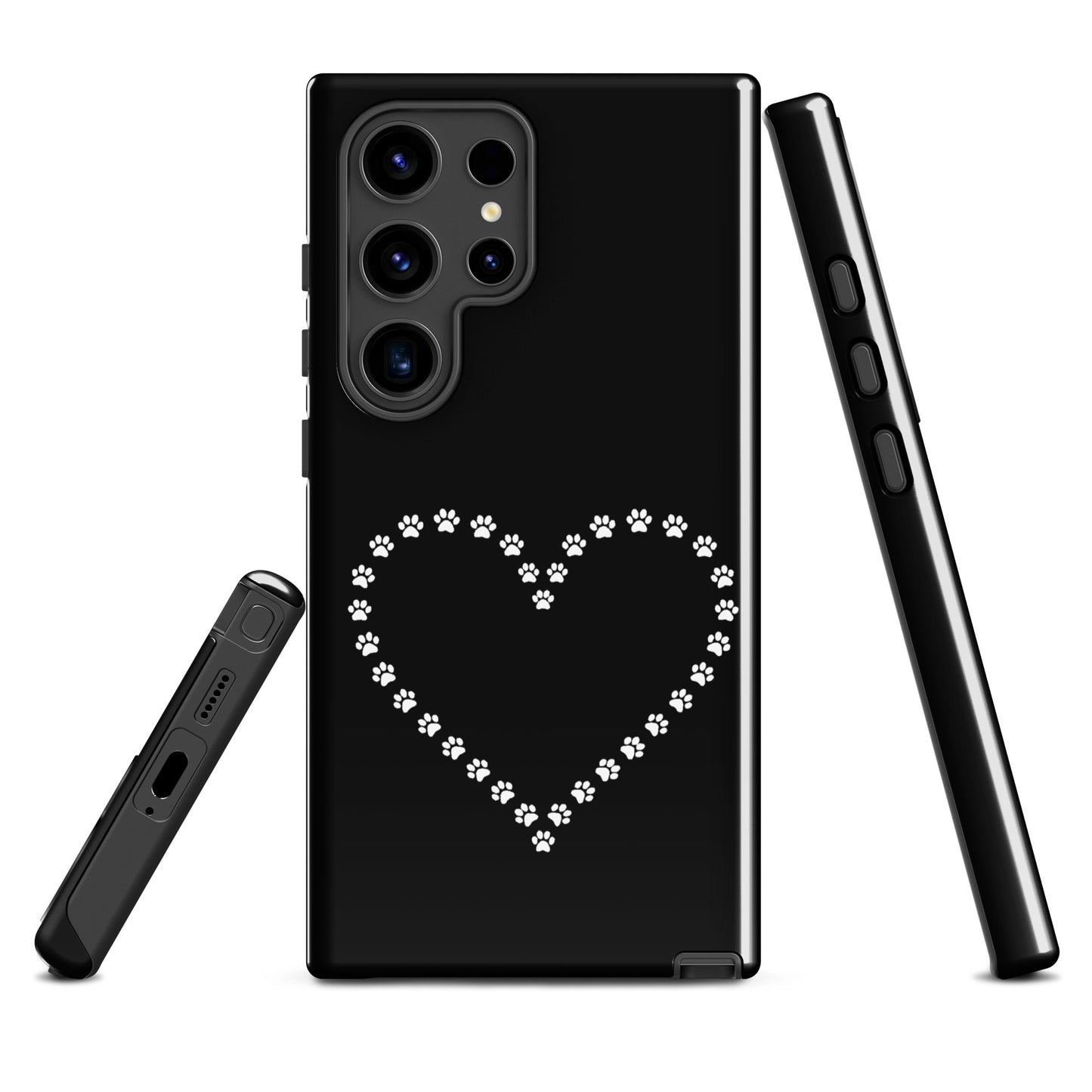 Phone Case for Samsung Galaxy with paw print heart design in black and white for pet lovers, ideal for cat and dog owners.