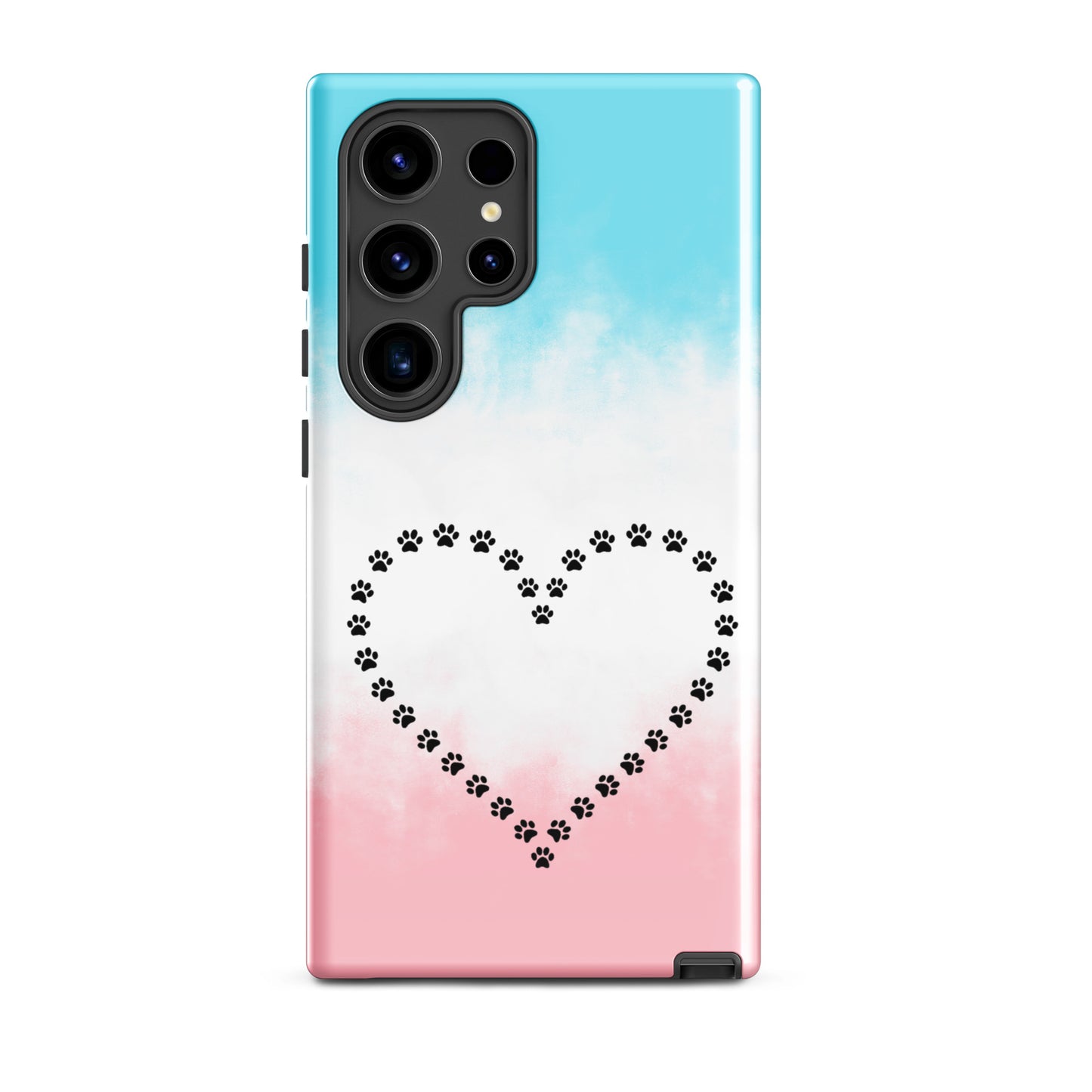 Phone Case for Samsung Galaxy with paw print heart design in blue, white, and pink for pet lovers.