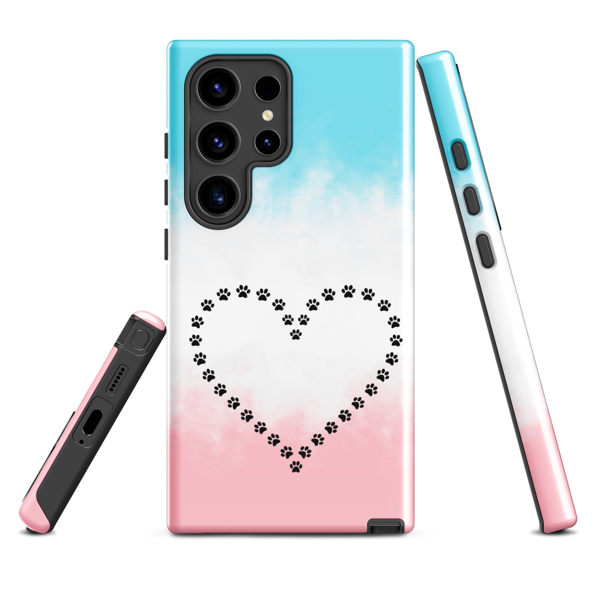 Phone Case for Samsung Galaxy with blue, white, and pink paw print heart design for pet lovers