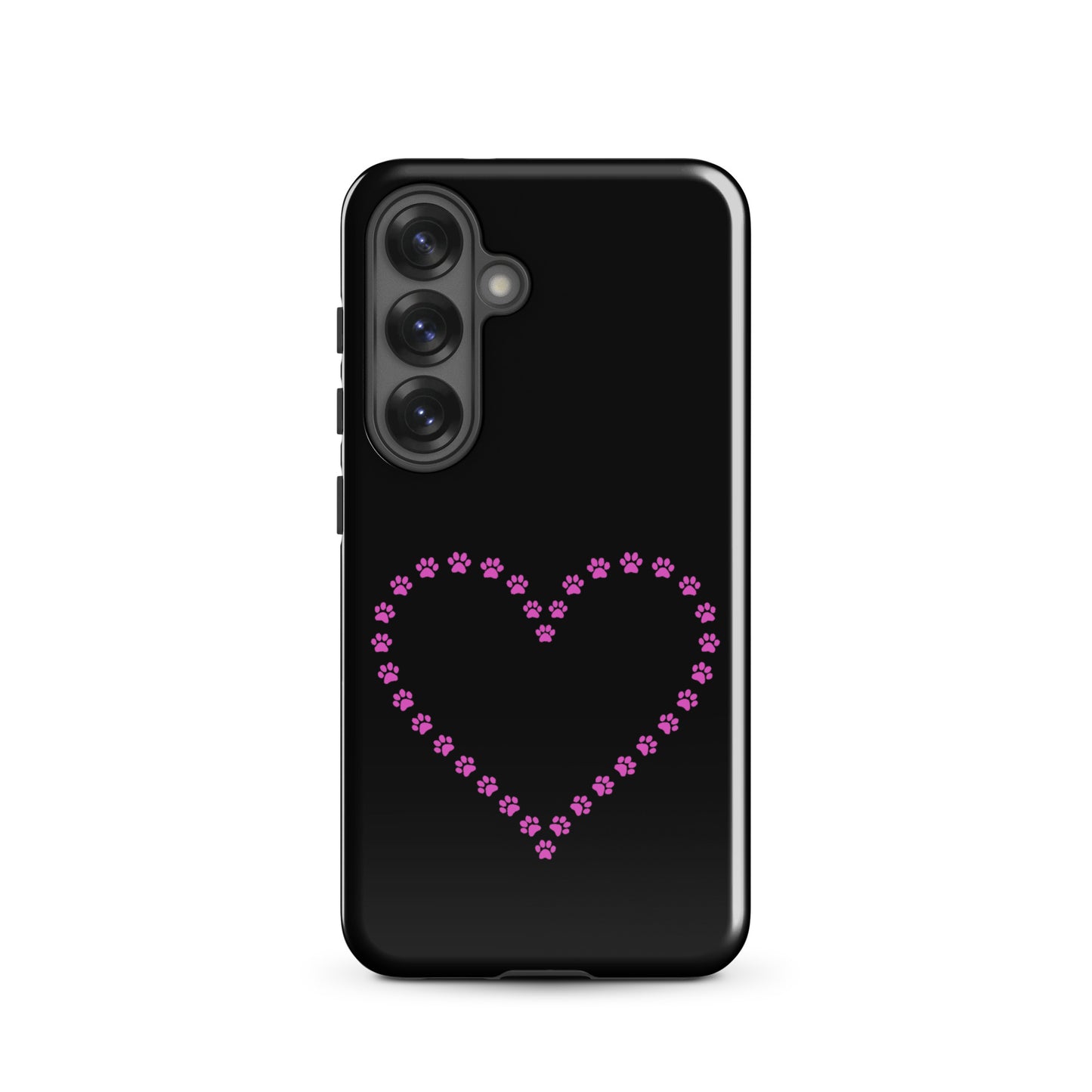 Black Samsung Galaxy phone case with pink paw print heart design for pet lovers, durable and protective. Keywords: Phone Case.