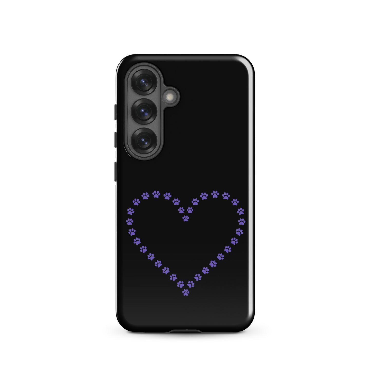 Phone Case for Samsung Galaxy with paw print heart design in black and purple for pet lovers, featuring durable protection and playful charm.