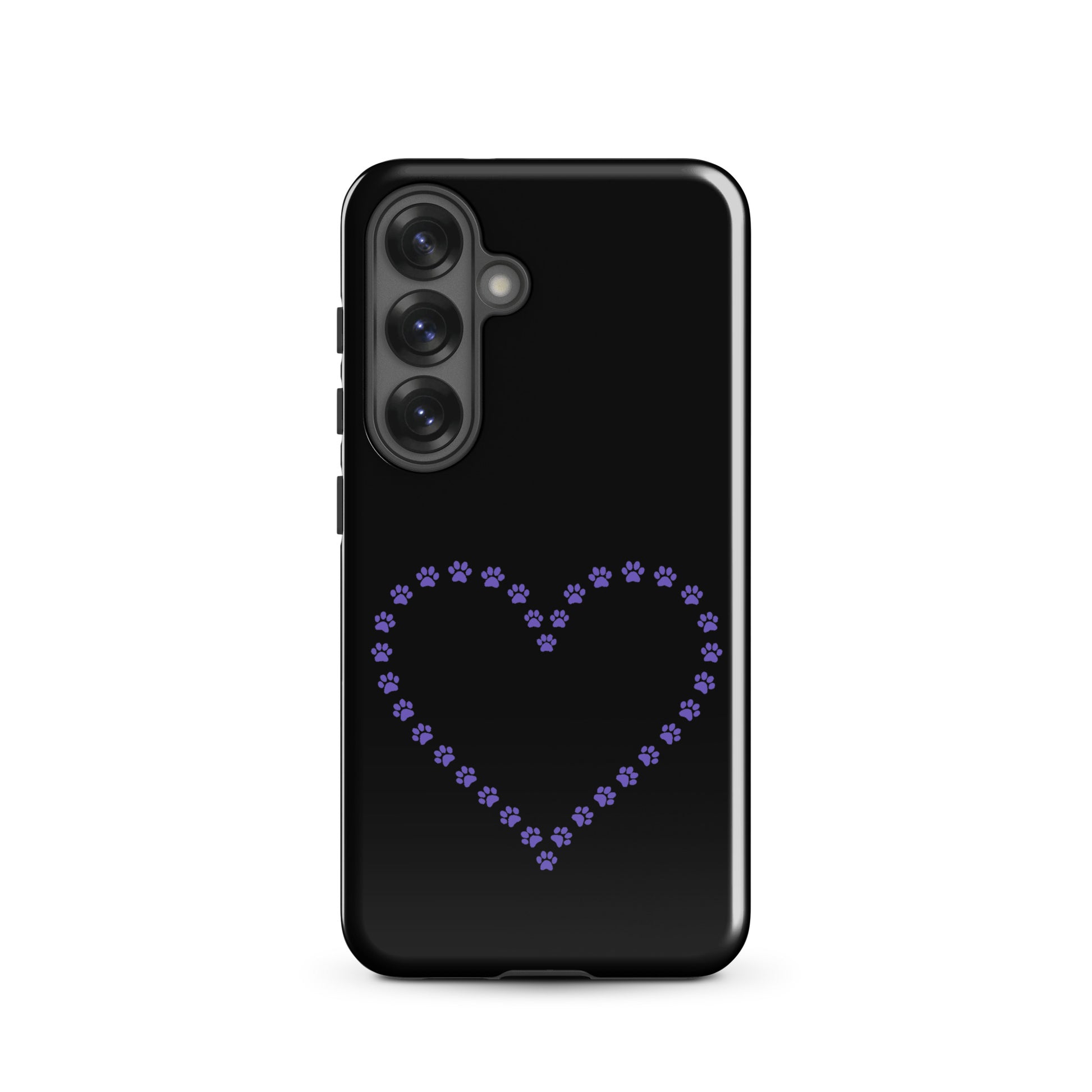 Phone Case for Samsung Galaxy with paw print heart design in black and purple for pet lovers, featuring durable protection and playful charm.