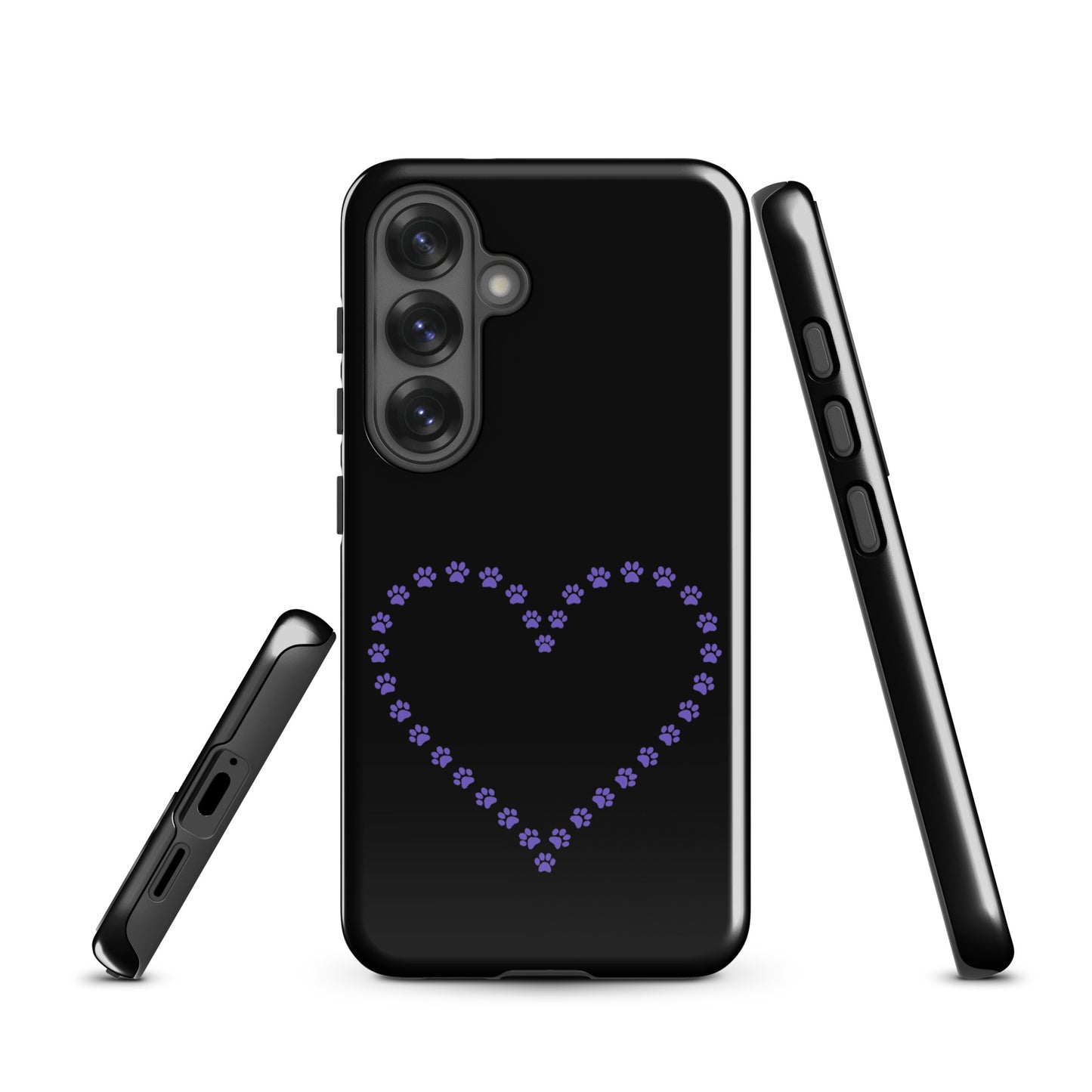 Phone Case for Samsung Galaxy with purple paw print heart design, perfect for pet lovers seeking charm and protection in black color.
