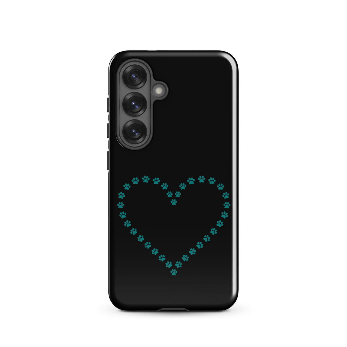 Phone Case for Samsung Galaxy with black and teal paw print heart design for pet lovers, featuring durable protection and playful charm.