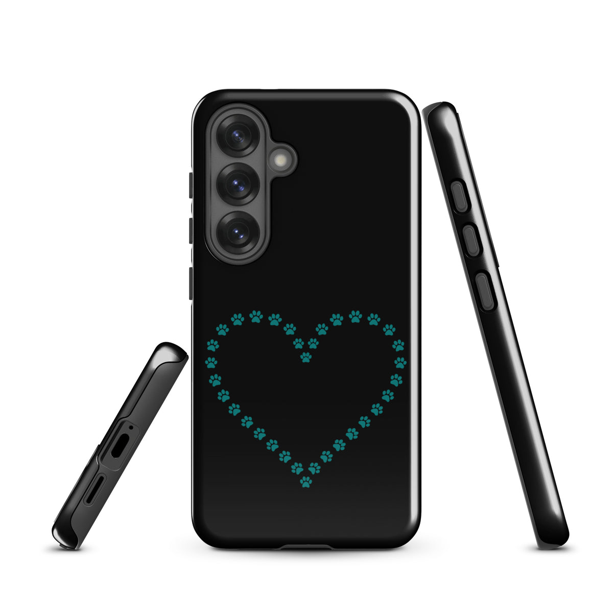 Phone Case for Samsung Galaxy with teal paw print heart design on black background, perfect for pet lovers seeking style and protection.