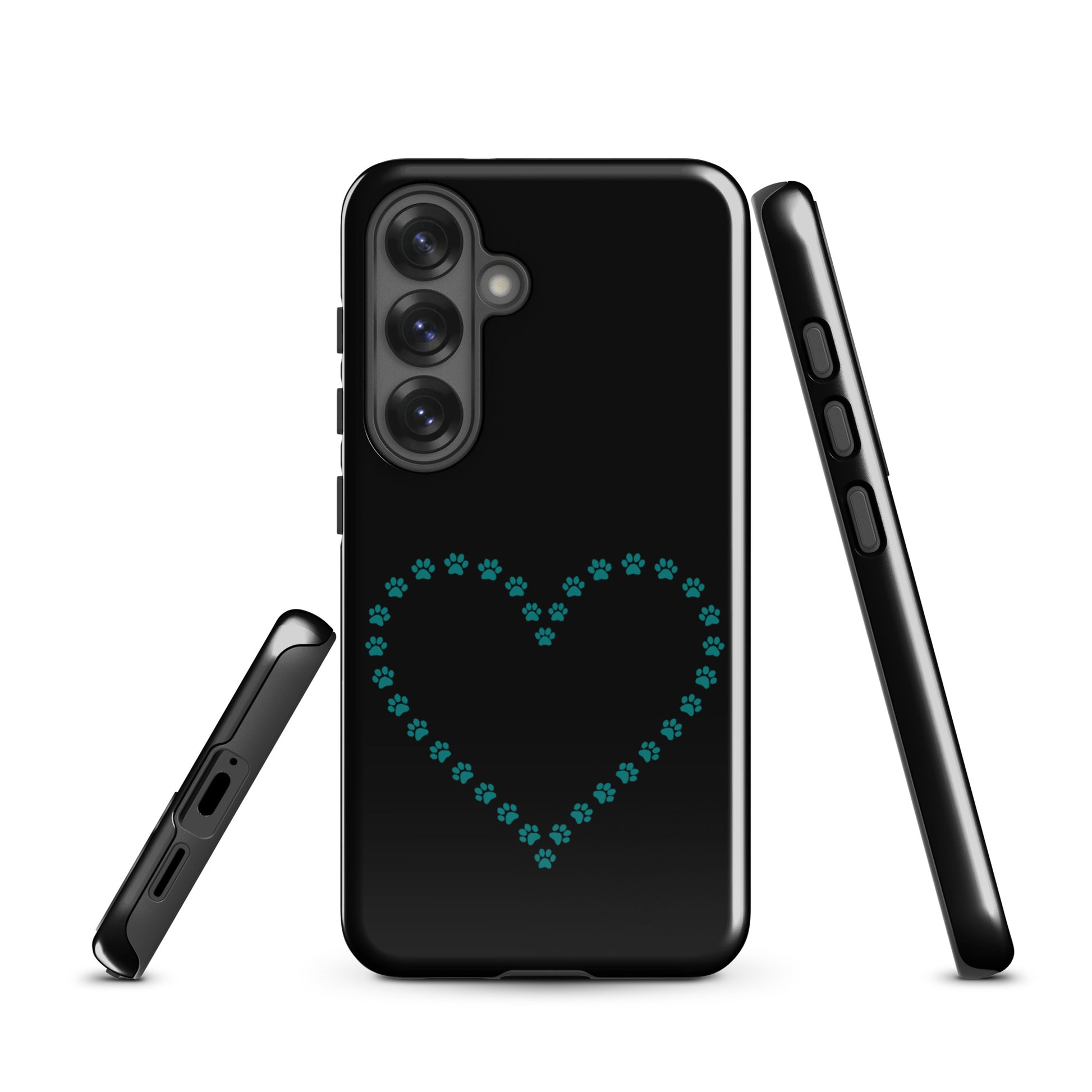 Phone Case for Samsung Galaxy with teal paw print heart design on black background, perfect for pet lovers seeking style and protection.