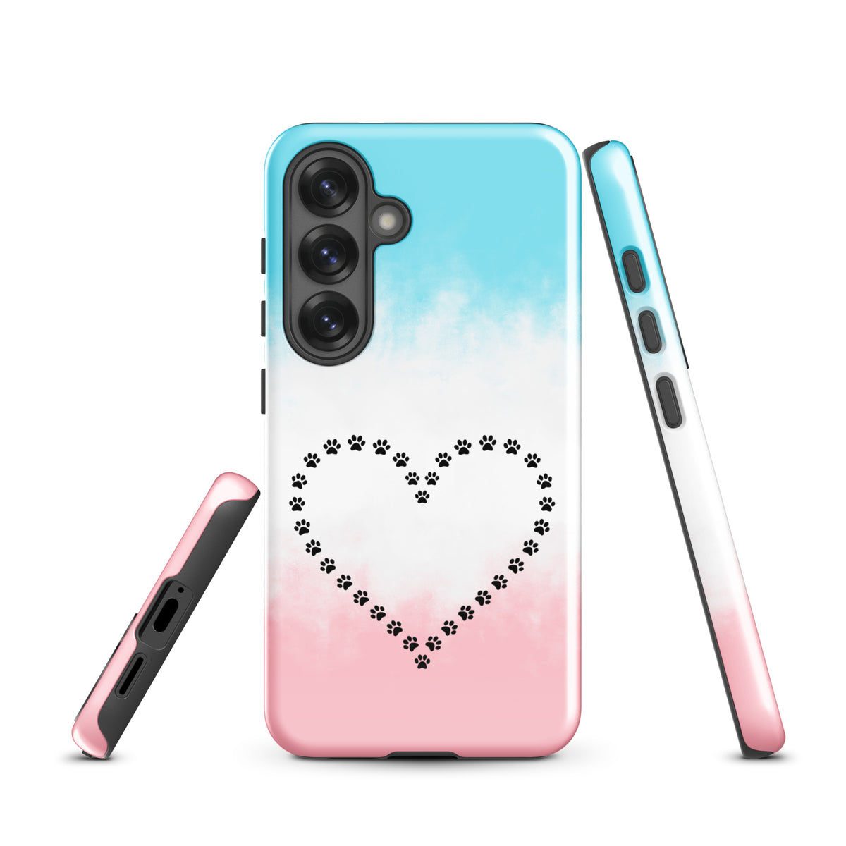 Phone Case for Samsung Galaxy with paw print heart design in blue, white, pink for pet lovers, featuring durable protection.