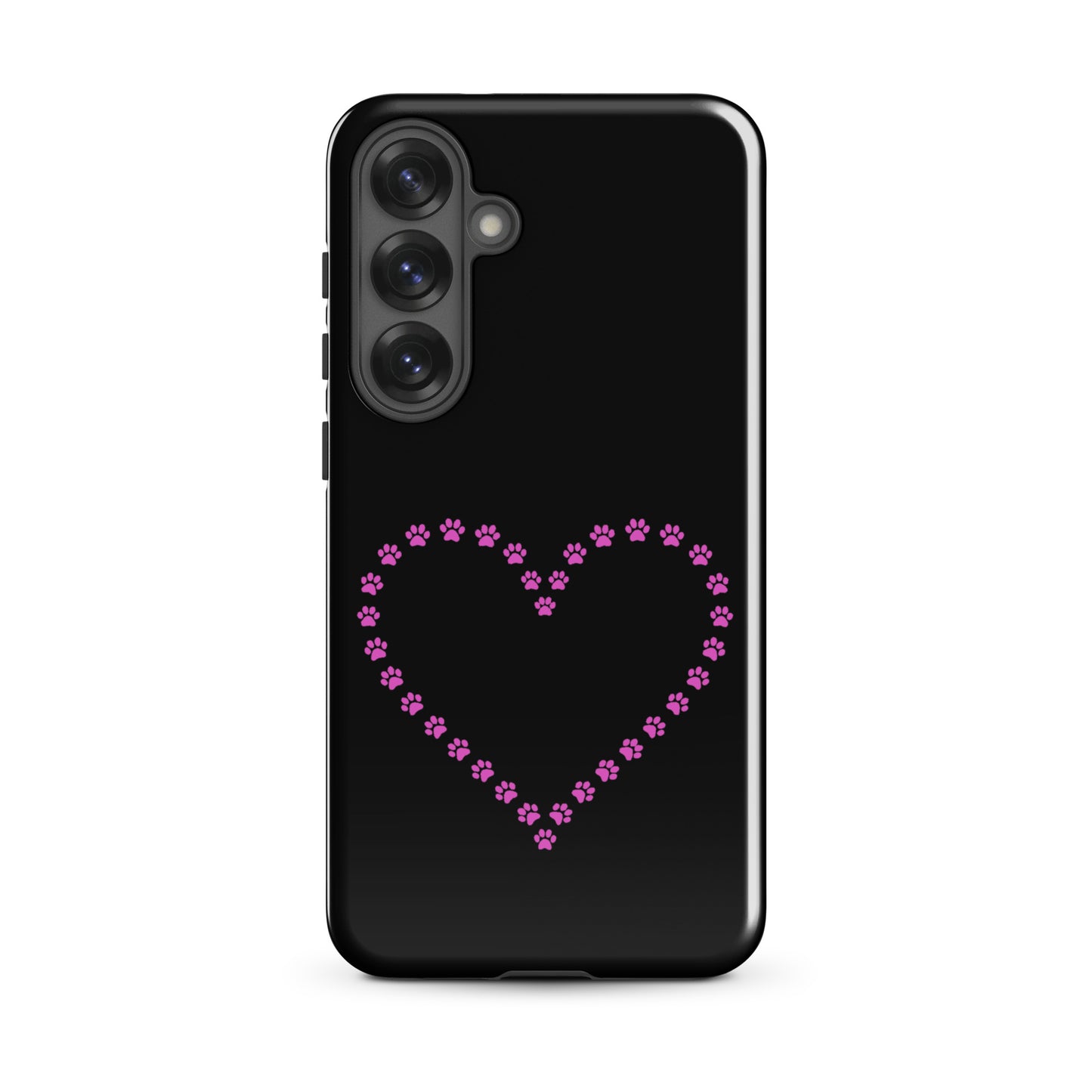Phone Case for Samsung Galaxy with paw print heart design in black and pink, perfect for pet lovers seeking a stylish, durable cover.