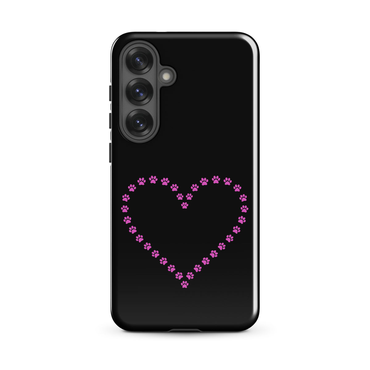 Phone Case for Samsung Galaxy with paw print heart design in black and pink, perfect for pet lovers seeking a stylish, durable cover.