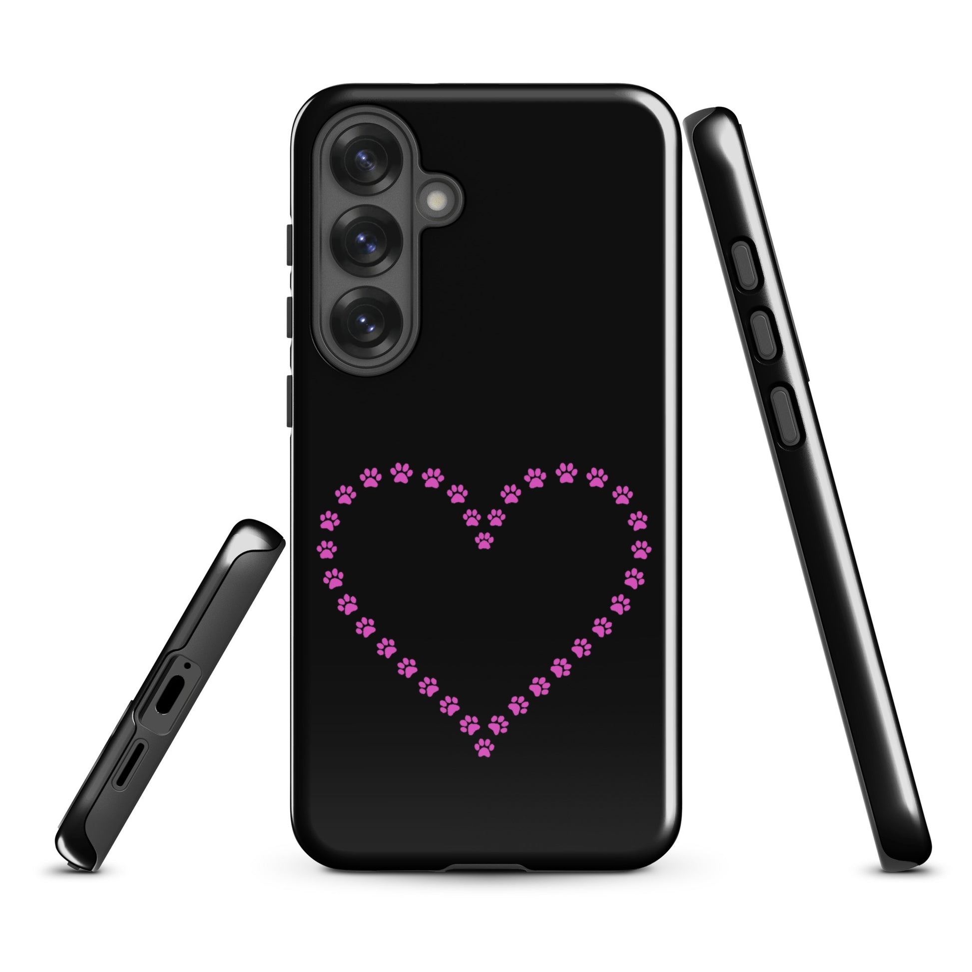 Phone Case for Samsung Galaxy with pink paw print heart design in black for pet lovers.