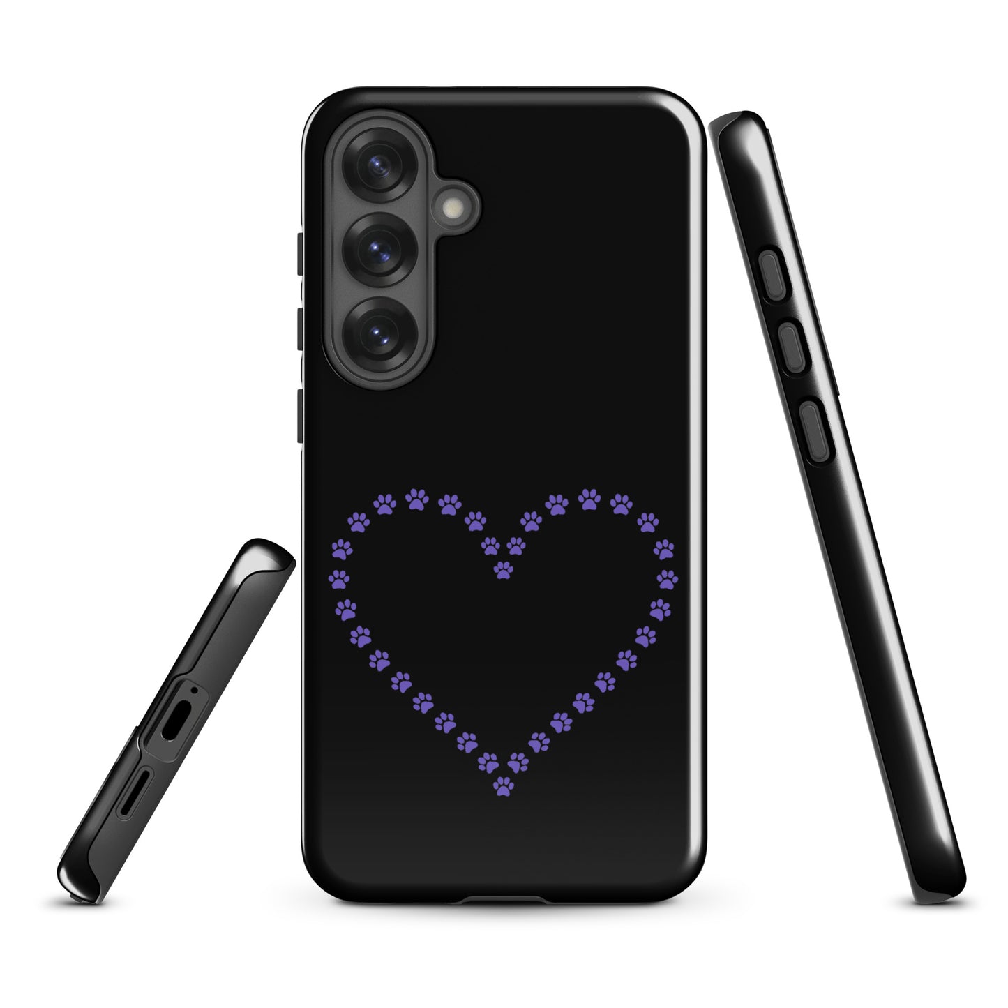 Phone Case for Samsung Galaxy with black and purple paw print heart design for pet lovers, showcasing durable protection and charming style.