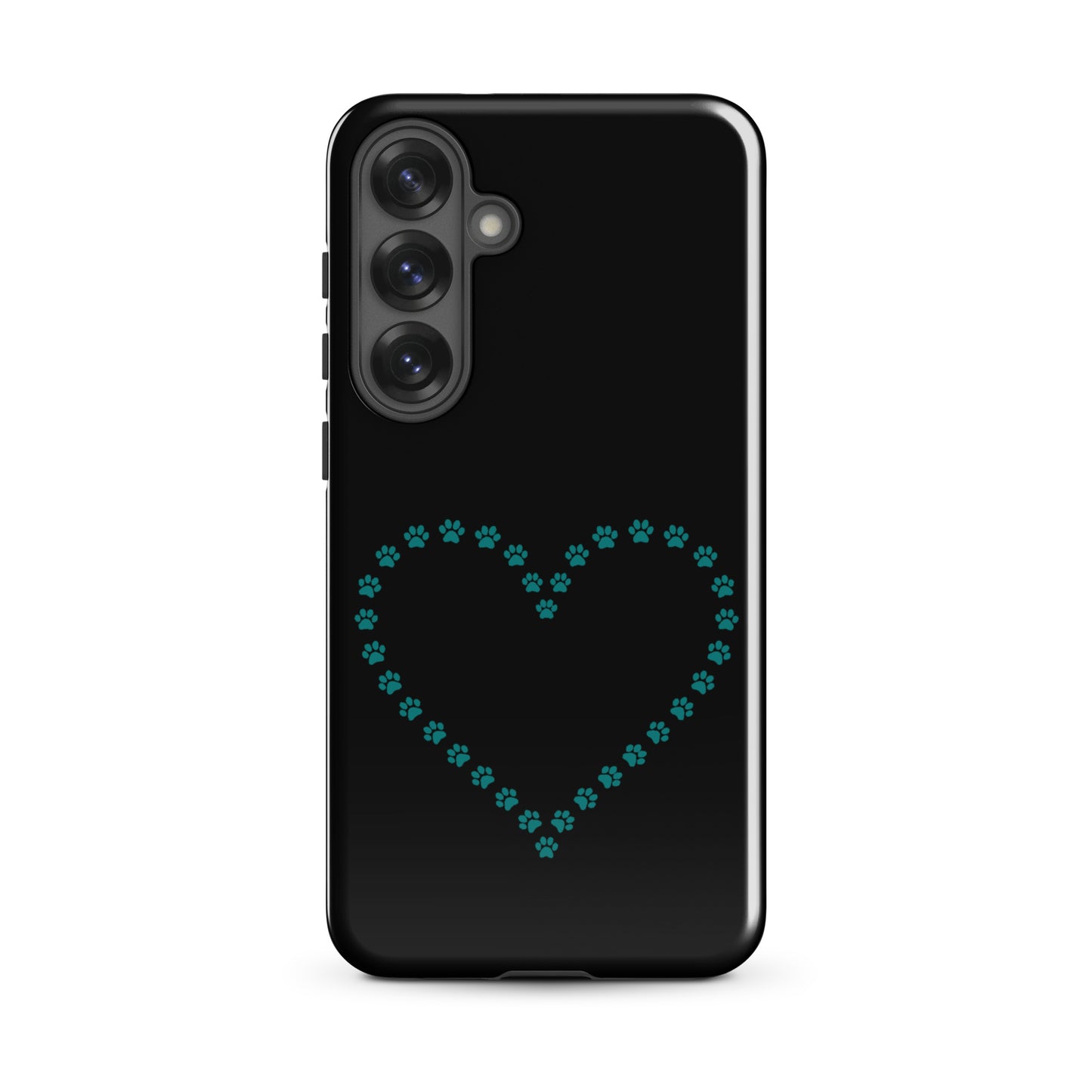 Phone Case for Samsung Galaxy in black and teal with paw print heart design for pet lovers, featuring a whimsical minimalist style.