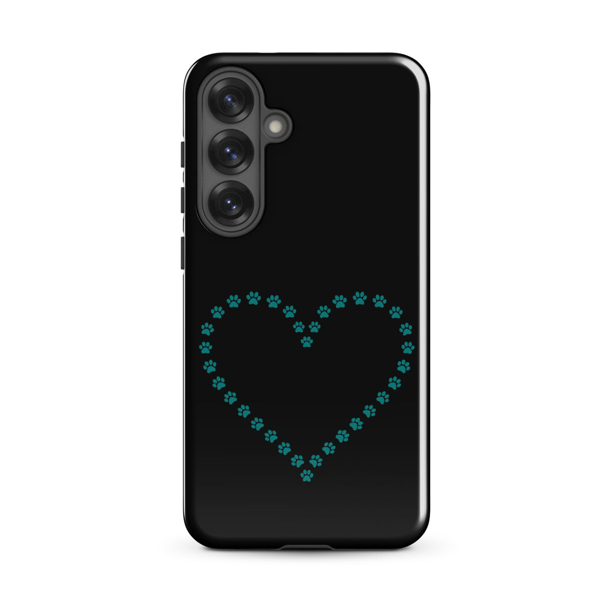 Phone Case for Samsung Galaxy in black and teal with paw print heart design for pet lovers, featuring a whimsical minimalist style.