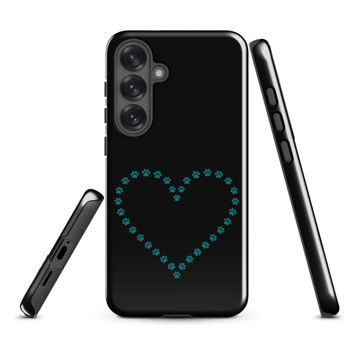 Phone Case for Samsung Galaxy with teal paw print heart design in black, ideal for pet lovers and animal design enthusiasts.