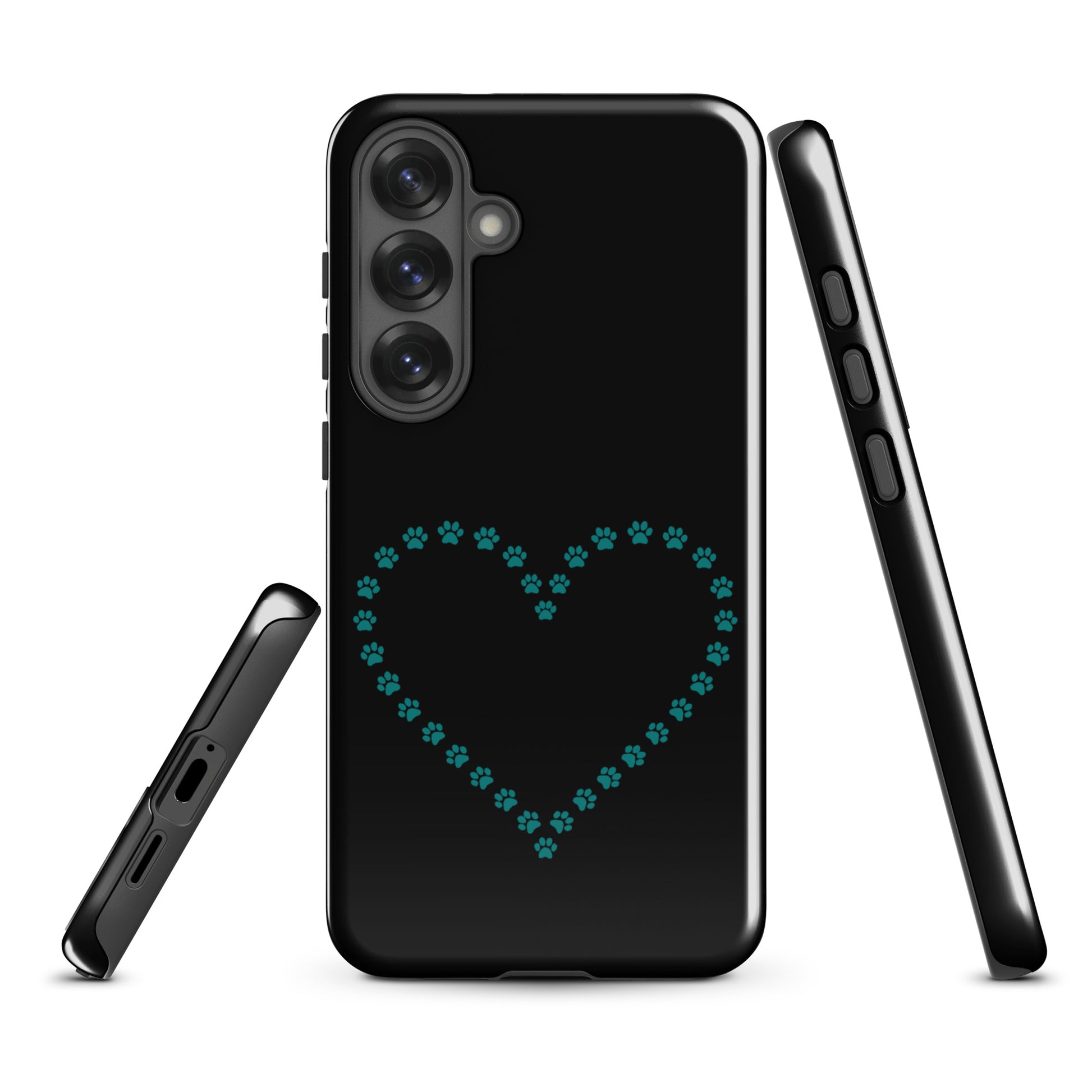 Phone Case for Samsung Galaxy with teal paw print heart design in black, ideal for pet lovers and animal design enthusiasts.