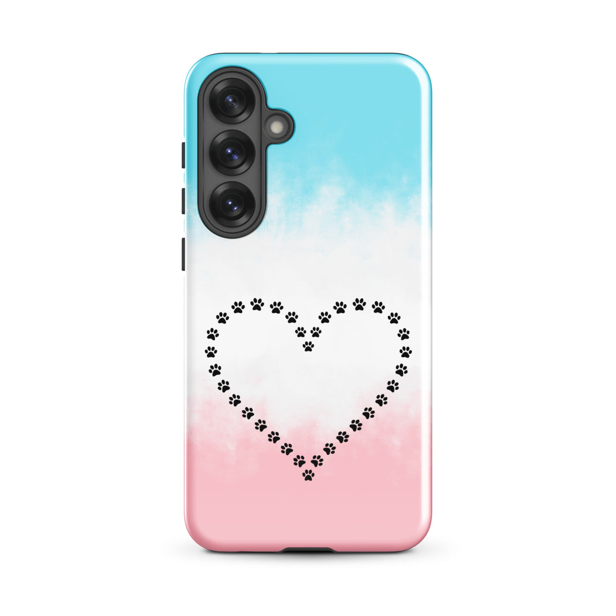 Phone Case for Samsung Galaxy with paw print heart design in blue, white, and pink, ideal for pet lovers and animal design enthusiasts.