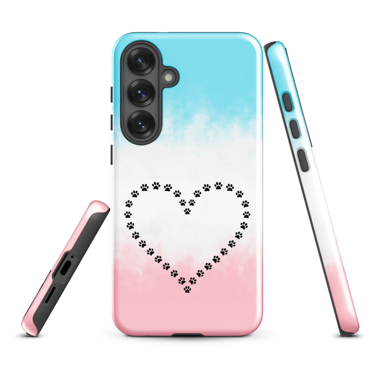 Phone Case for Samsung Galaxy with paw print heart design in blue, white, pink; ideal for pet lovers seeking style and protection.