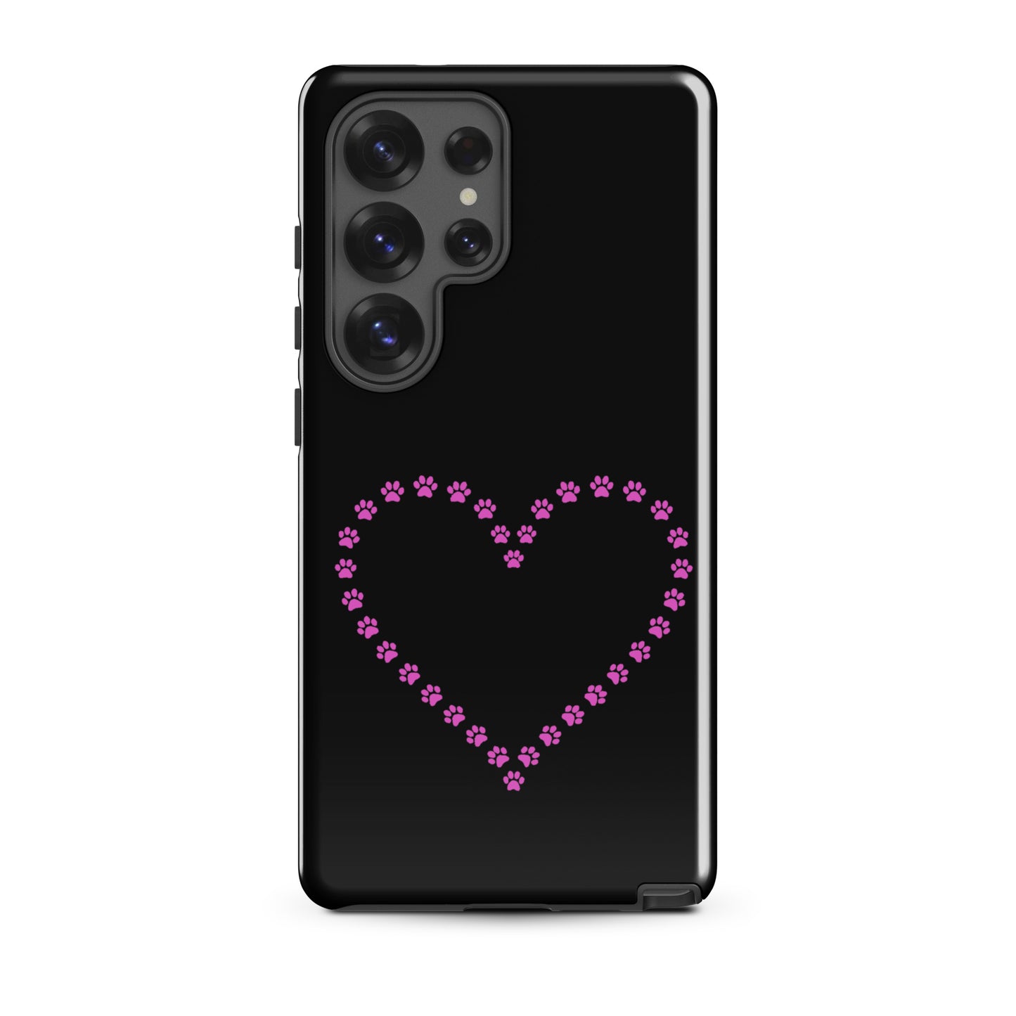 Phone Case for Samsung Galaxy with pink paw print heart design, perfect for pet lovers, shown in black.