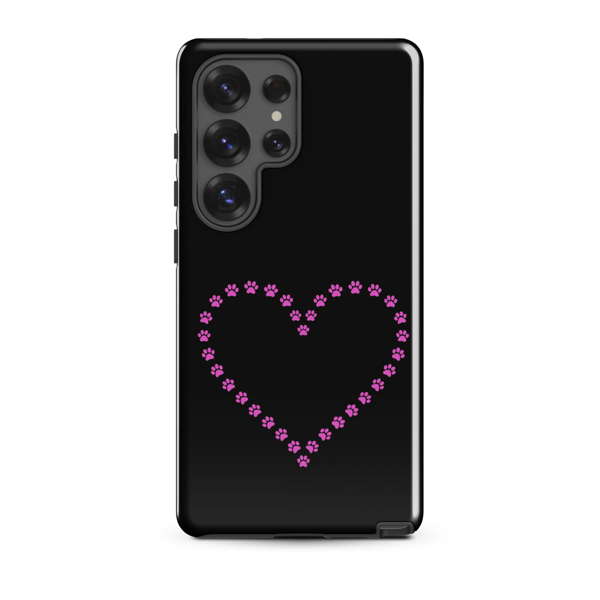 Phone Case for Samsung Galaxy with pink paw print heart design, perfect for pet lovers, shown in black.