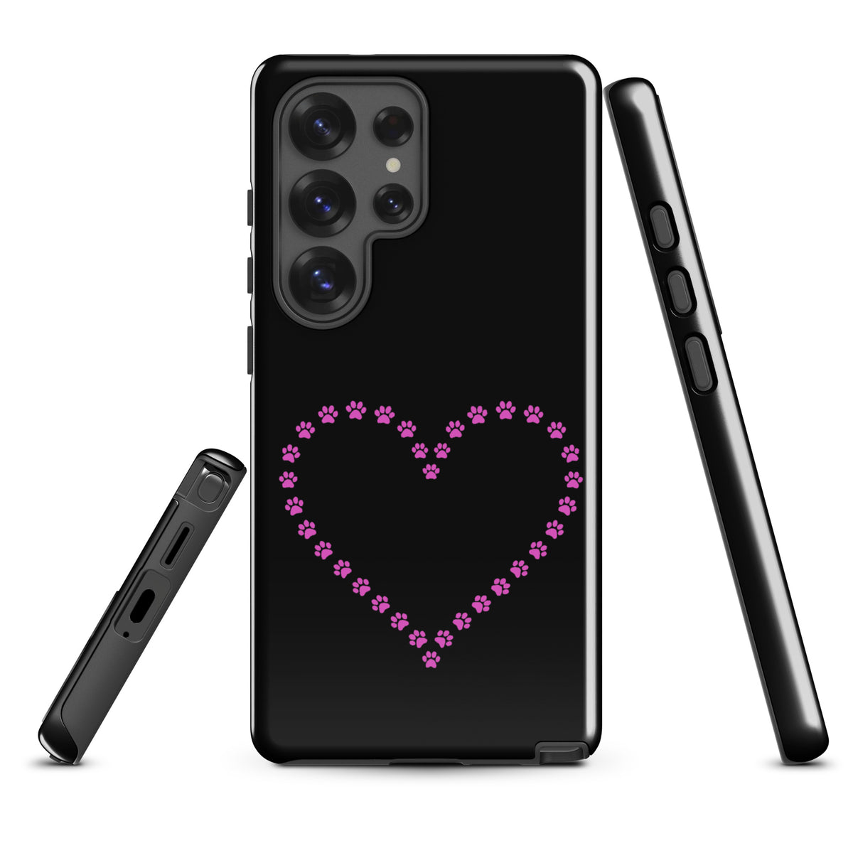 Phone Case for Samsung Galaxy with pink paw print heart design, ideal for pet lovers. Durable black case with whimsical animal motif.