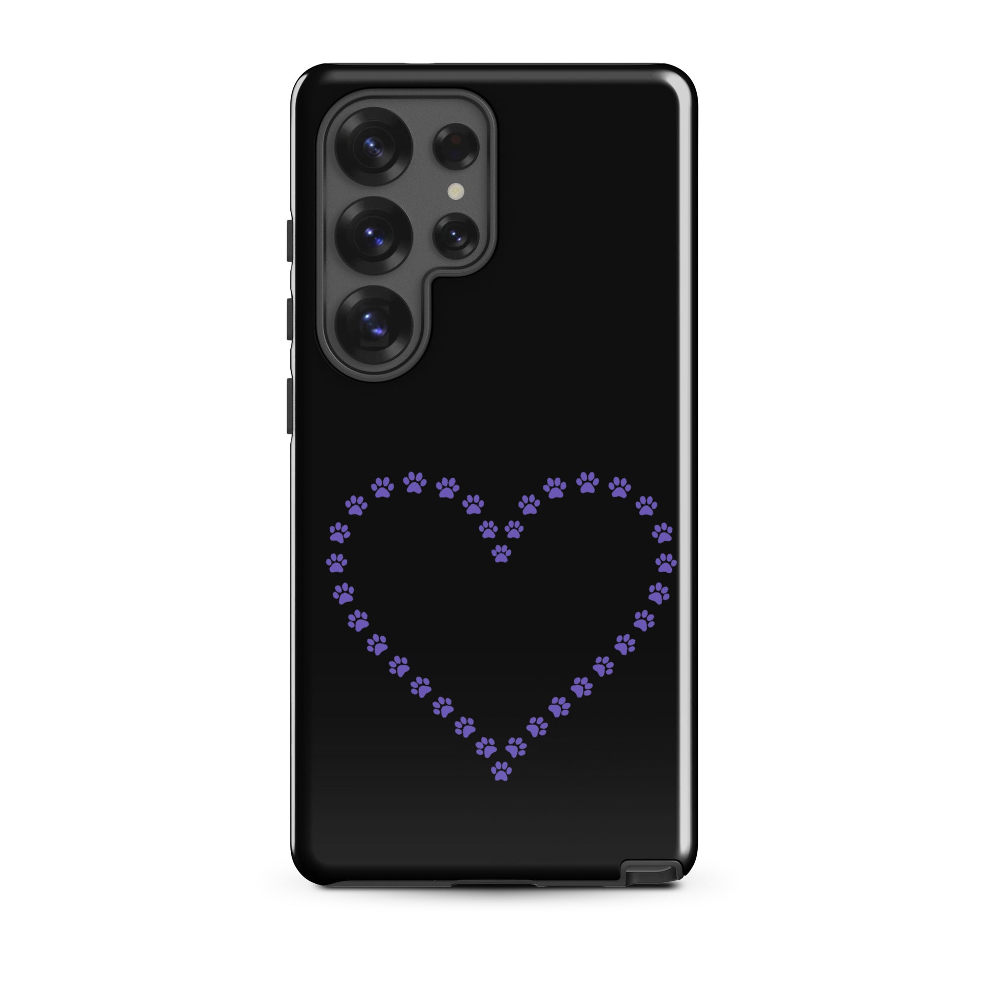 Black and purple Phone Case for Samsung Galaxy with paw print heart design for pet lovers.