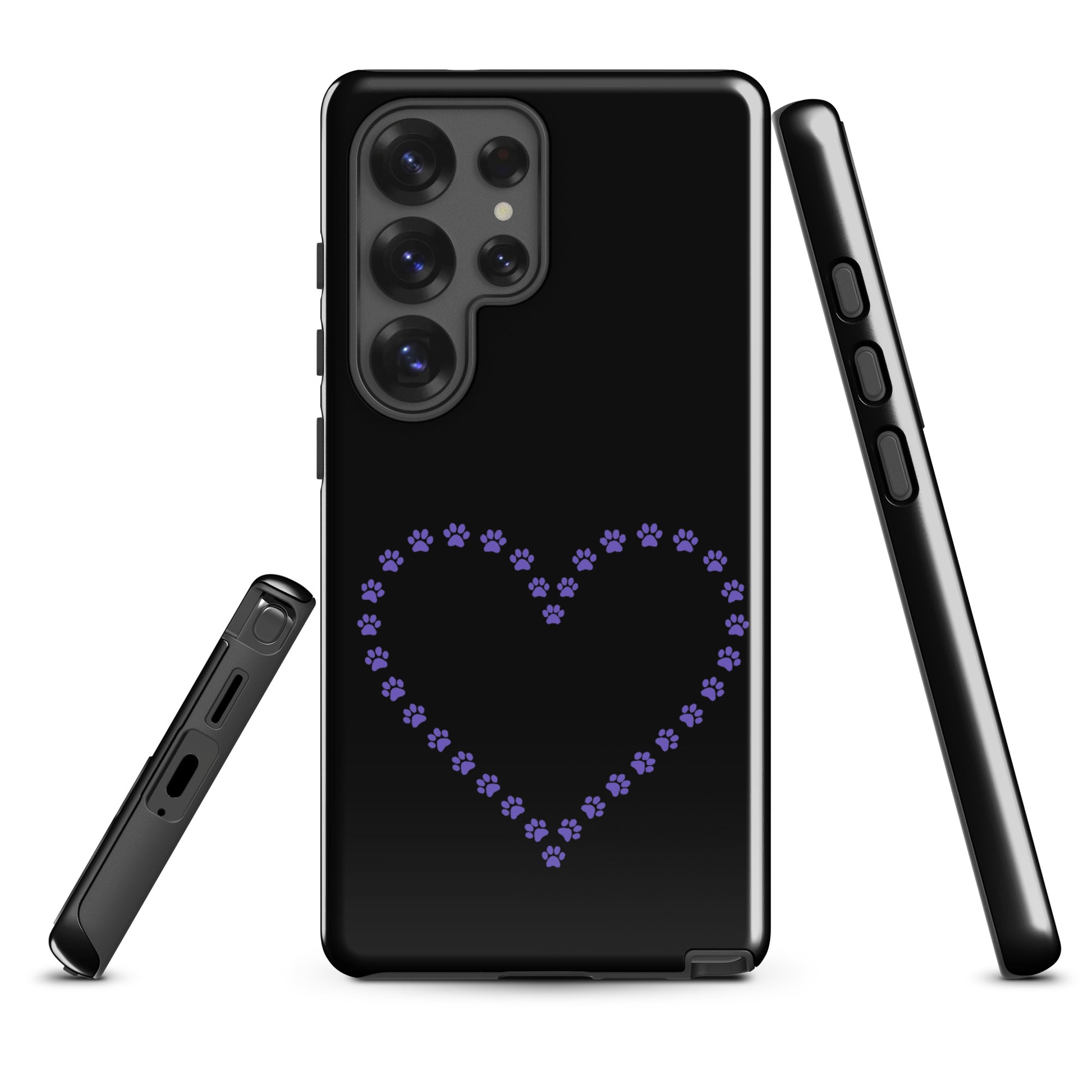 Phone Case for Samsung Galaxy with purple paw print heart design, perfect for pet lovers, shown in black and purple colors.