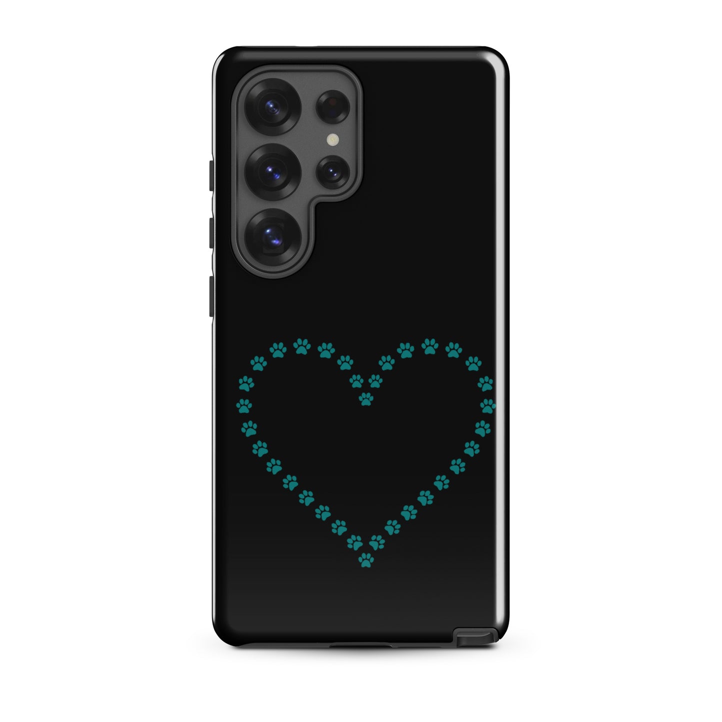 Phone Case for Samsung Galaxy with teal paw print heart design on black background for pet lovers