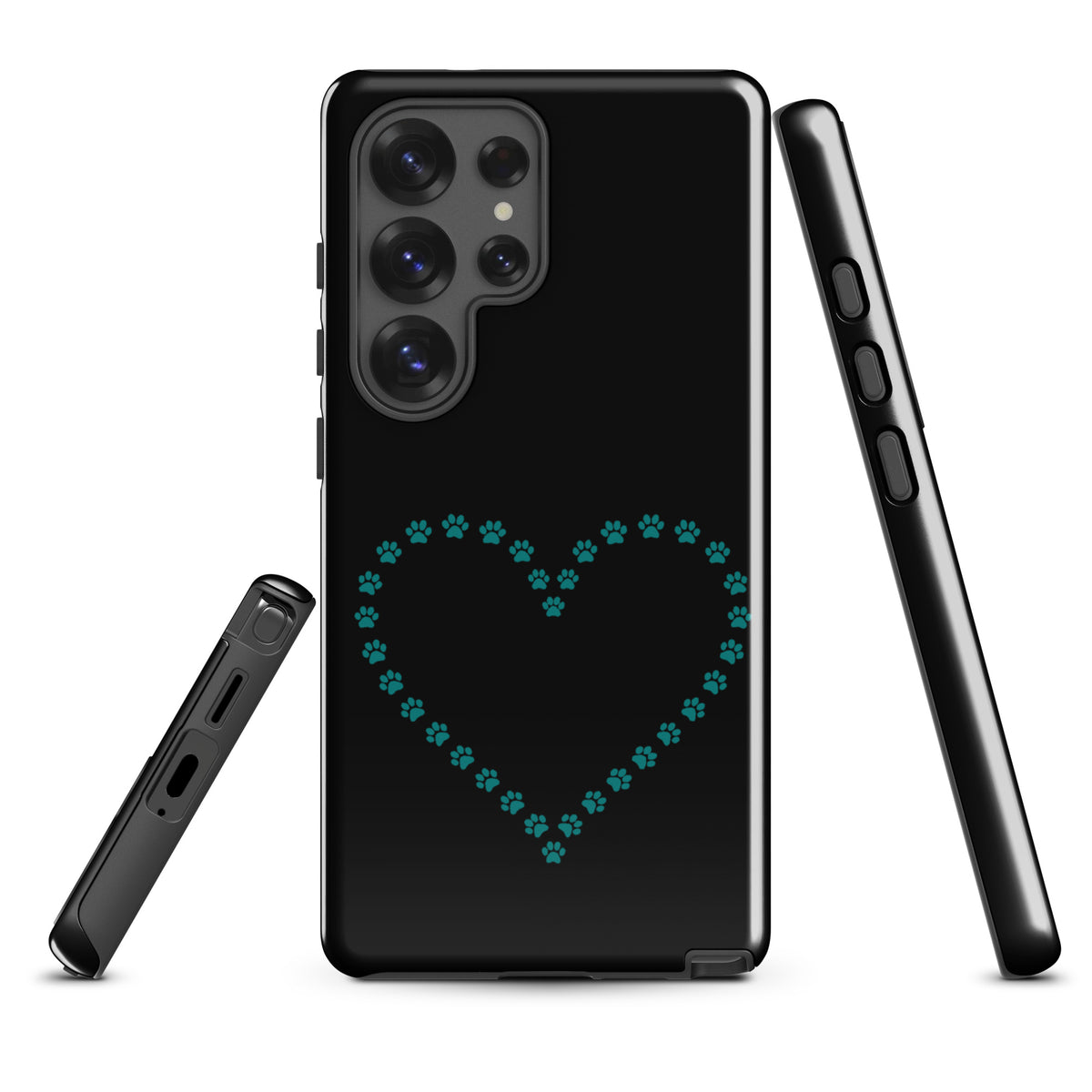 Phone Case for Samsung Galaxy with black teal paw print heart design, perfect for pet lovers seeking protection and style.