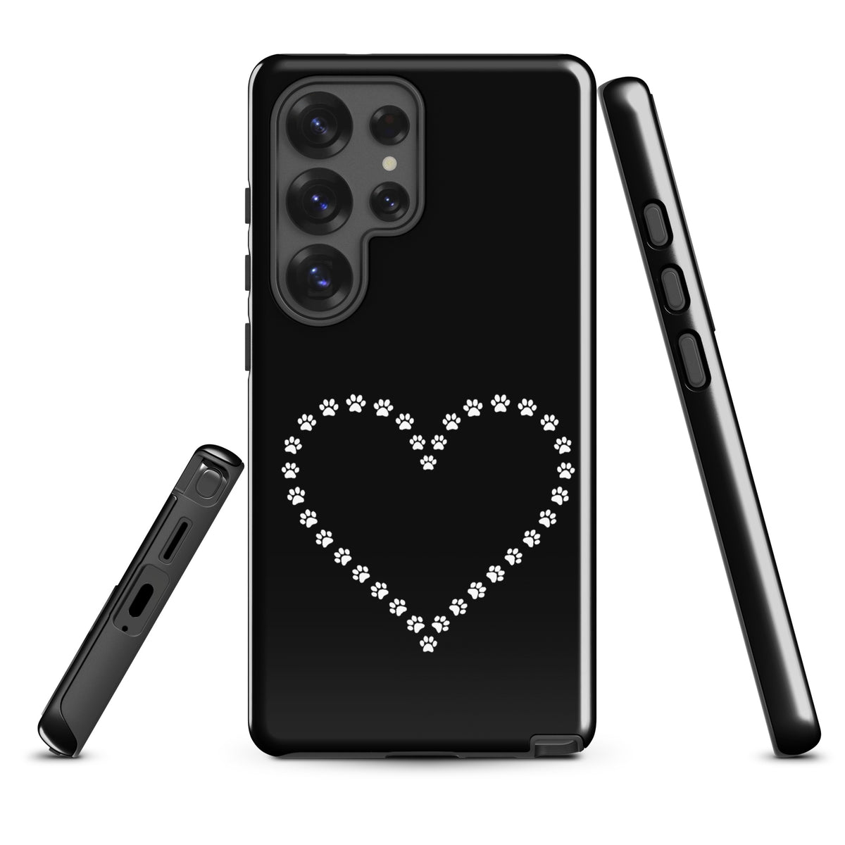 Phone Case for Samsung Galaxy with paw print heart design in black and white, ideal for pet lovers seeking style and durability.