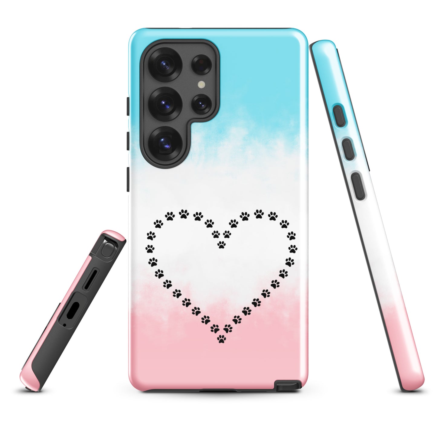 Phone Case for Samsung Galaxy featuring paw print heart design, perfect for pet lovers; playful and protective in blue, white, and pink.