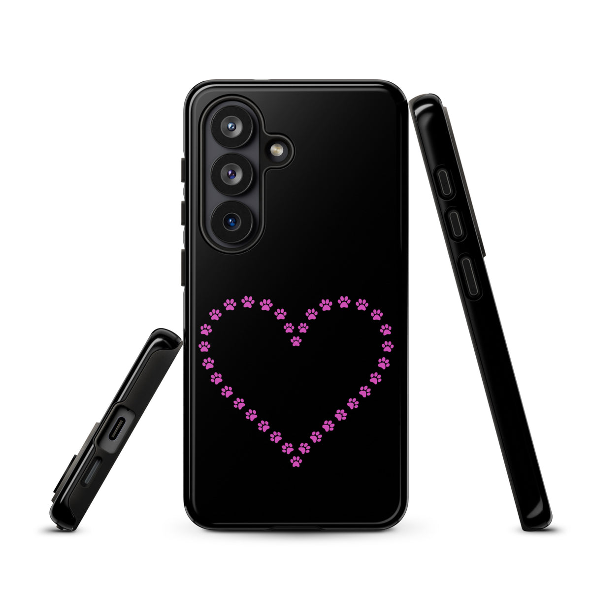 Phone Case for Samsung Galaxy featuring a black design with pink paw print heart for pet lovers, durable and stylish protection.