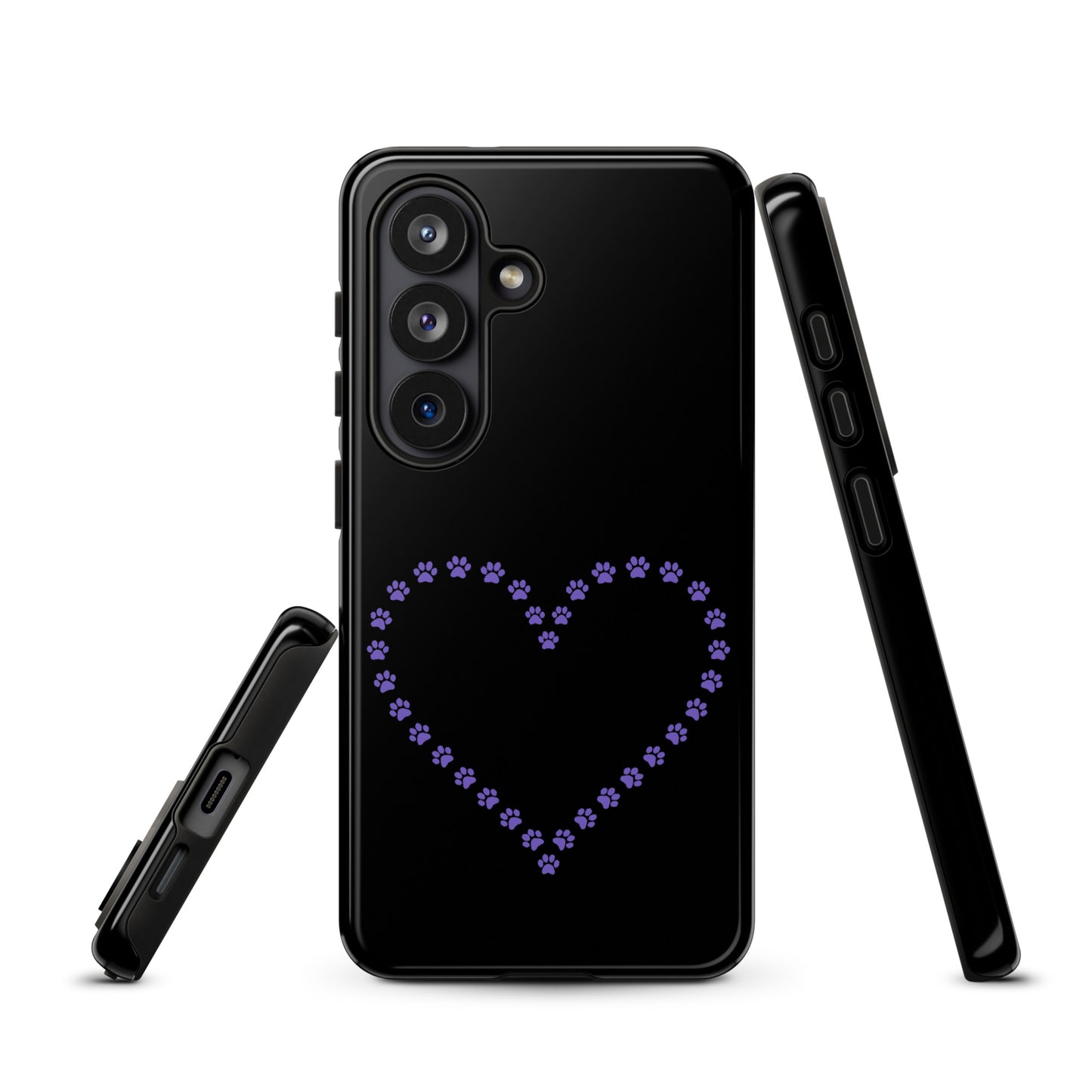 Phone Case for Samsung Galaxy with paw print heart design in black and purple, ideal for pet lovers seeking playful and durable protection.