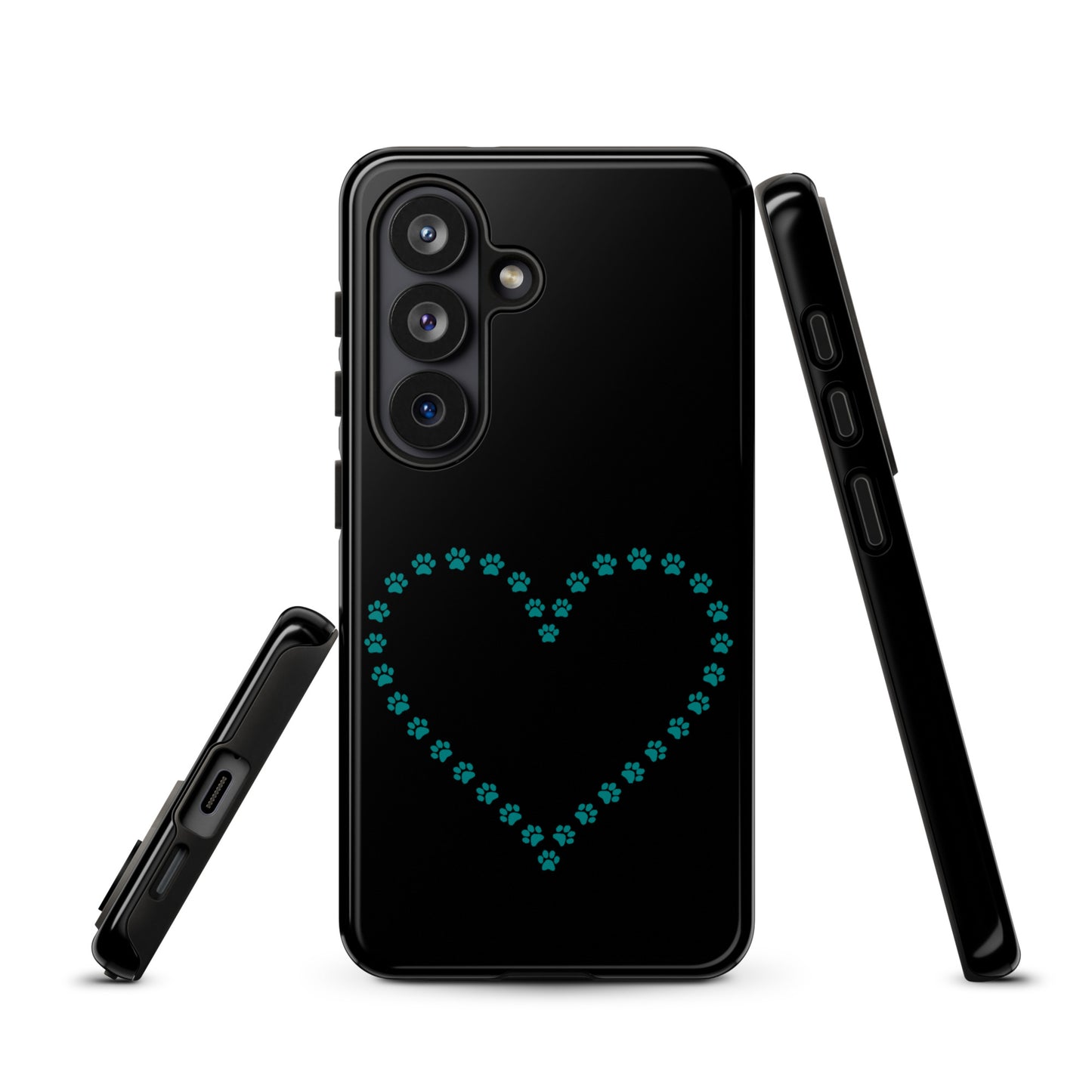 Phone Case for Samsung Galaxy with paw print heart design in black and teal, perfect for pet lovers seeking stylish protection.