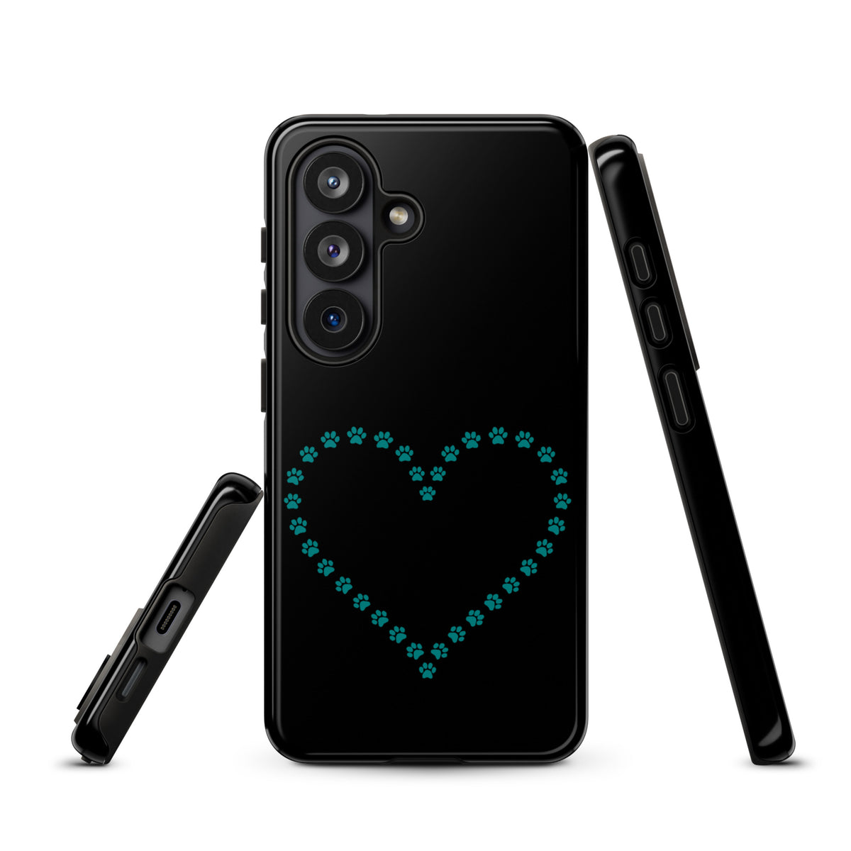 Phone Case for Samsung Galaxy with paw print heart design in black and teal, perfect for pet lovers seeking stylish protection.
