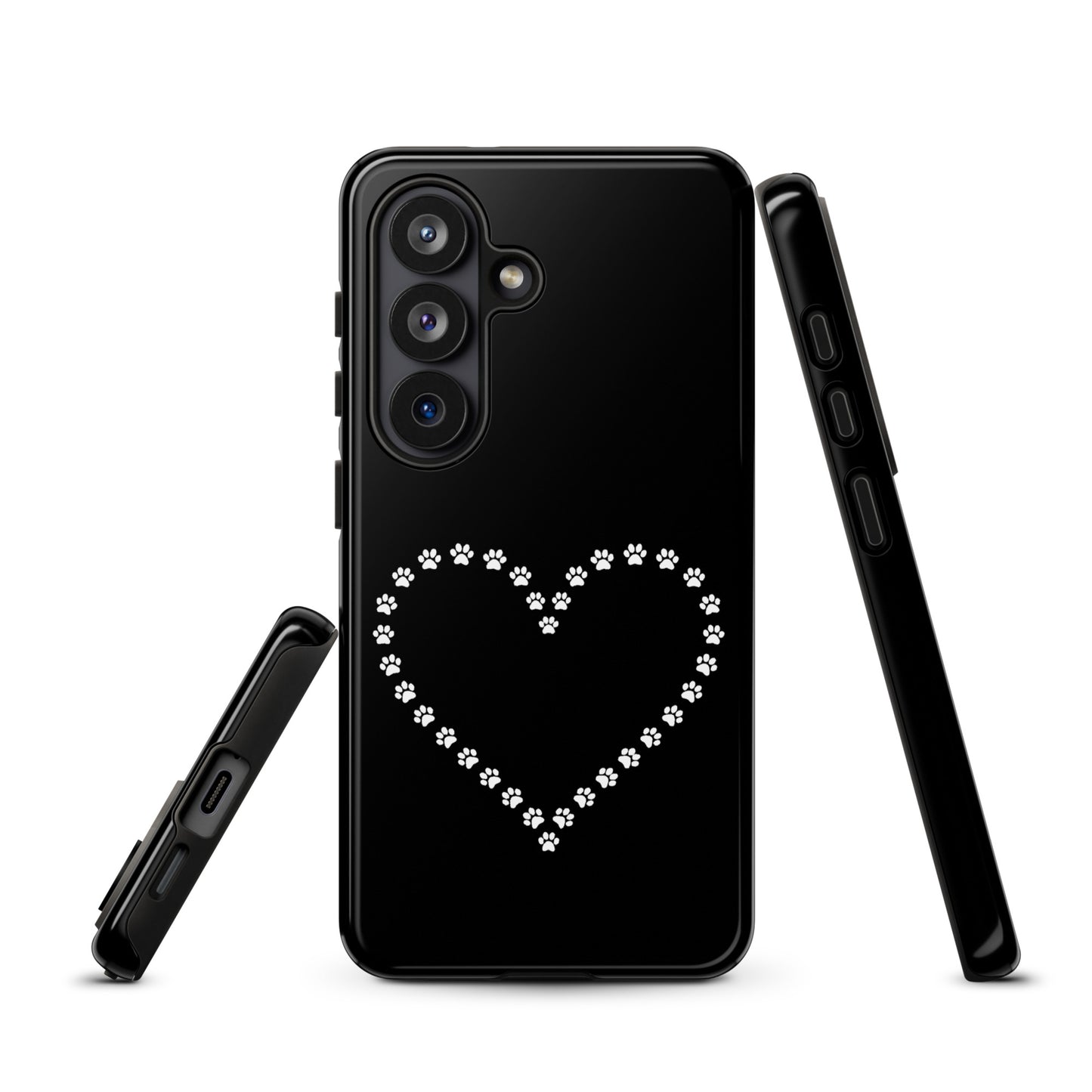 Phone Case for Samsung Galaxy with black and white paw print heart design, ideal for pet lovers, shown with side and back views.