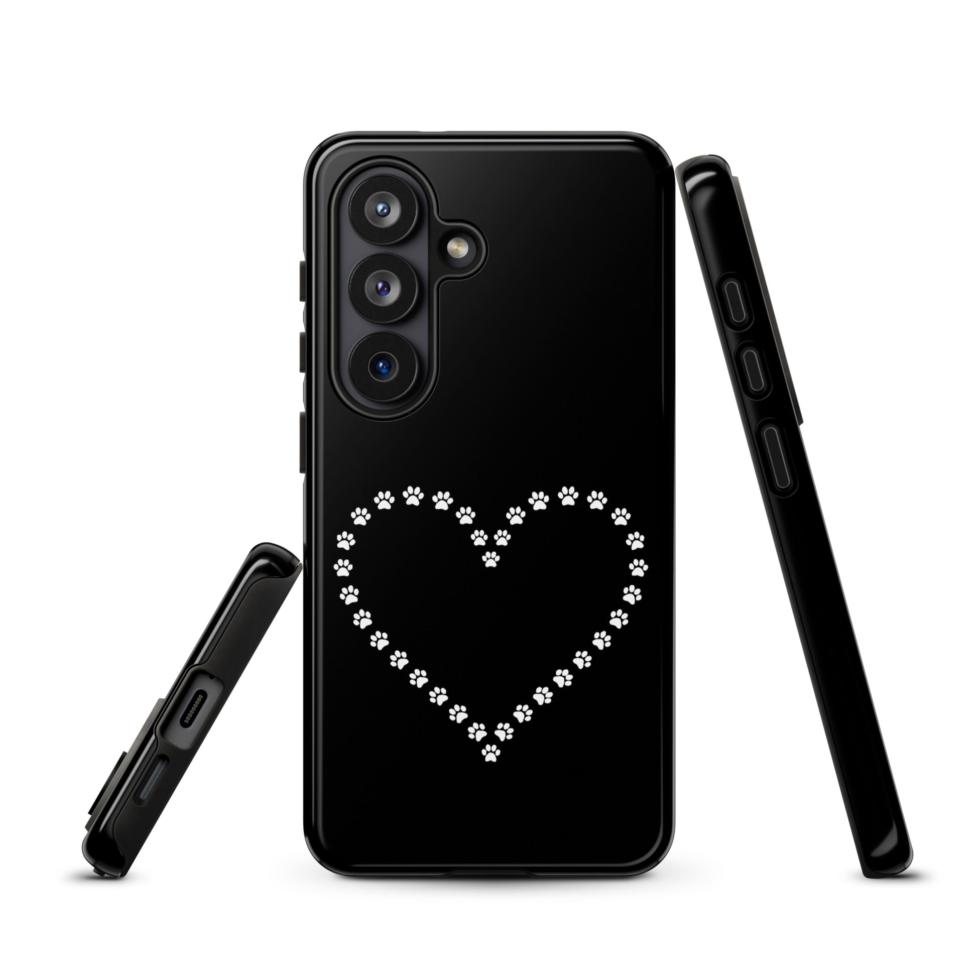 Phone Case for Samsung Galaxy with black and white paw print heart design, ideal for pet lovers, shown with side and back views.