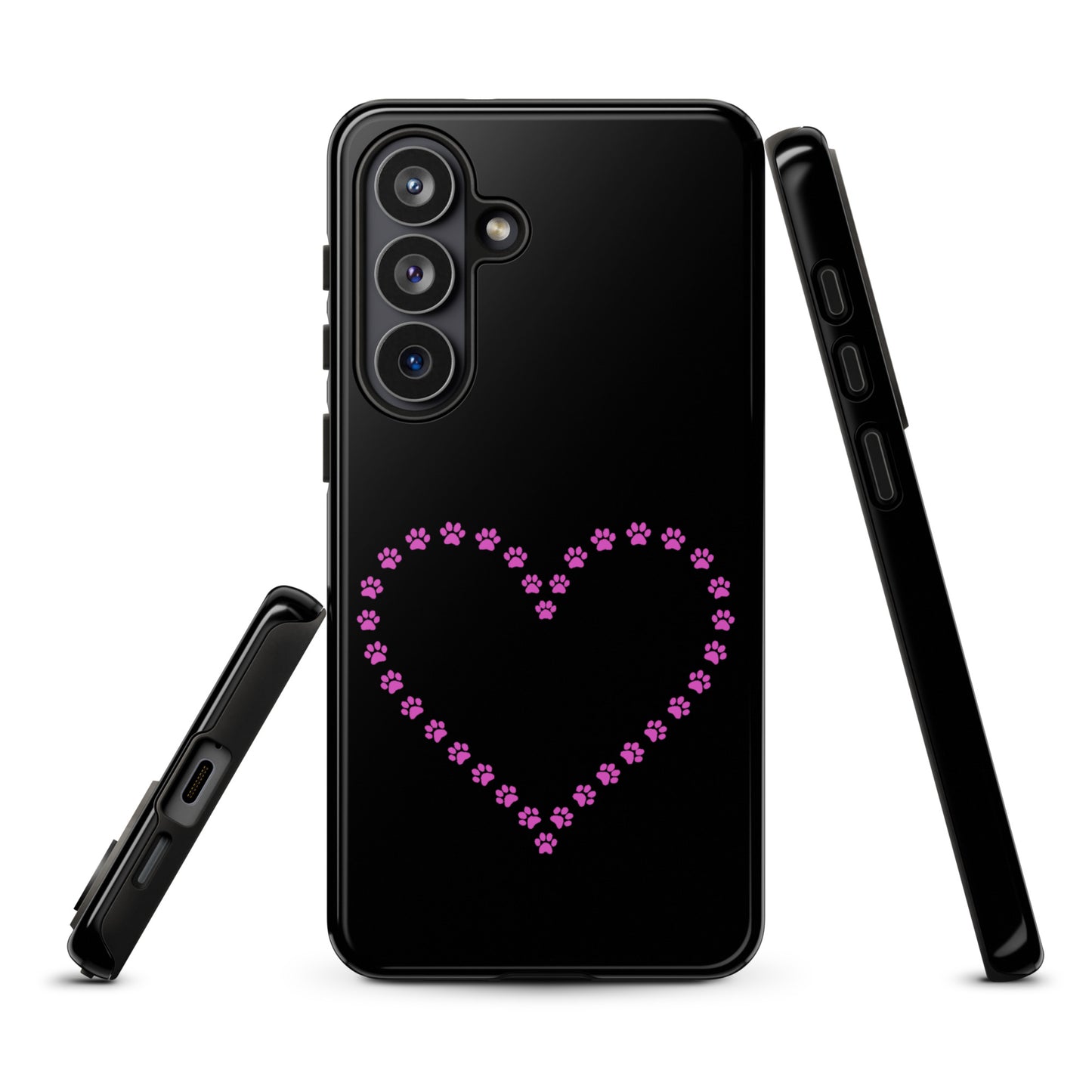 Phone Case for Samsung Galaxy with black and pink paw print heart design for pet lovers.