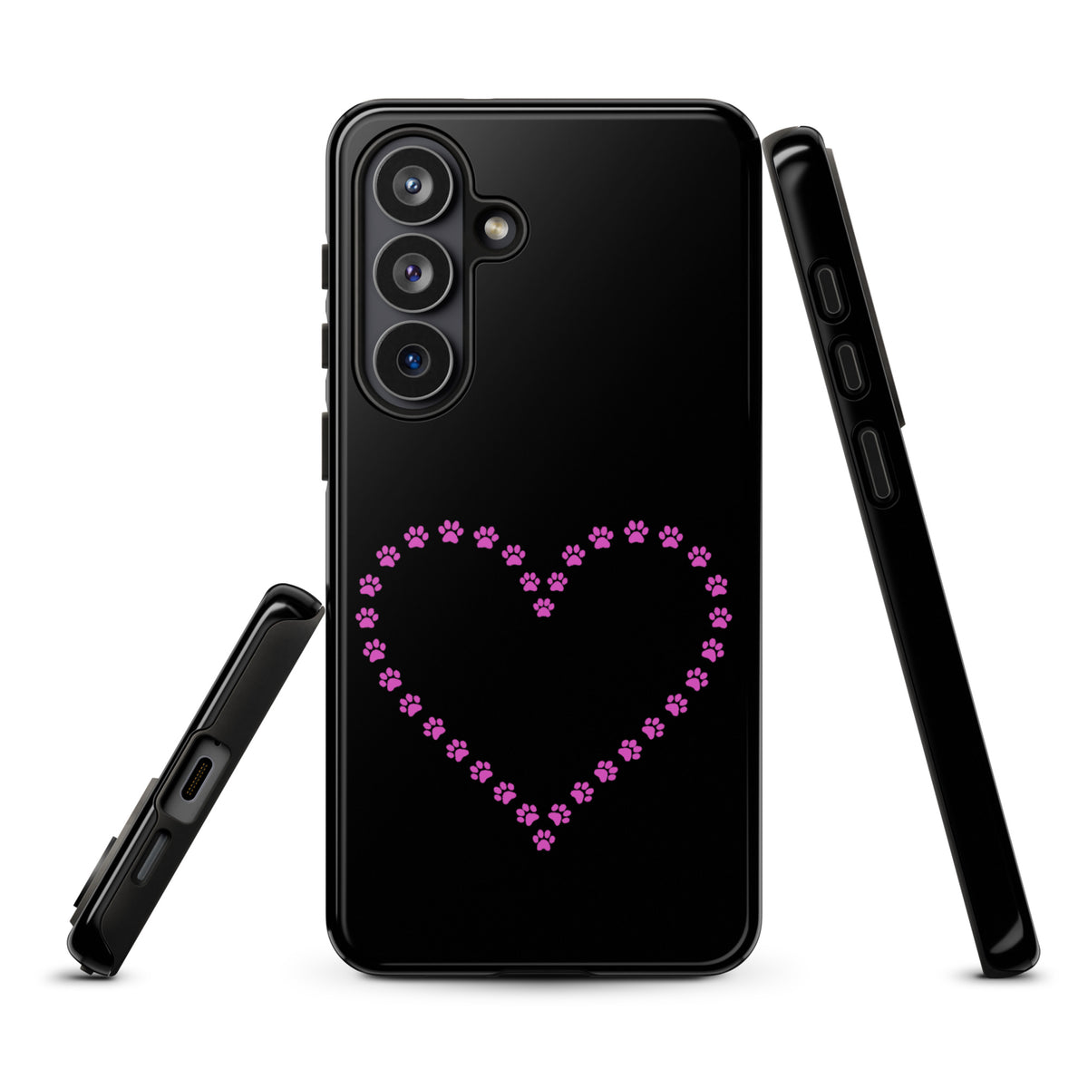 Phone Case for Samsung Galaxy with black and pink paw print heart design for pet lovers.