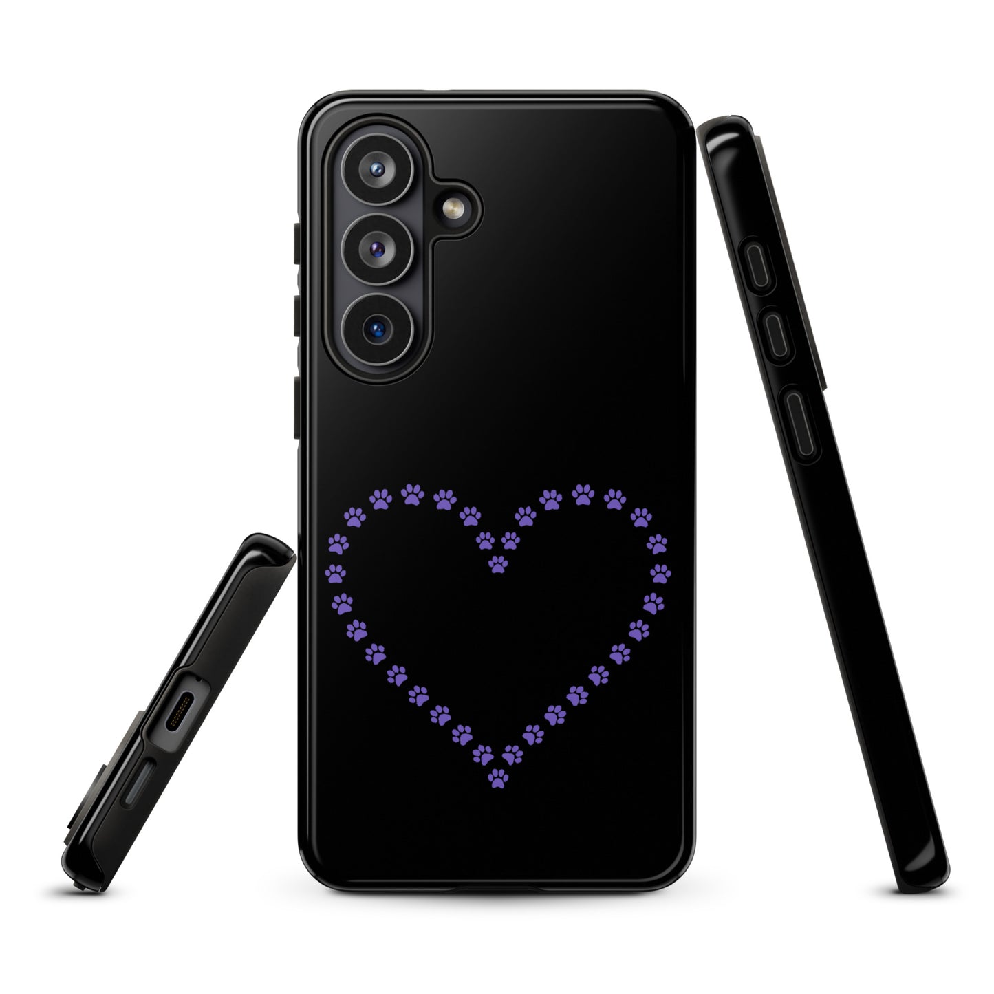 Phone Case for Samsung Galaxy with black design featuring purple paw print heart for pet lovers