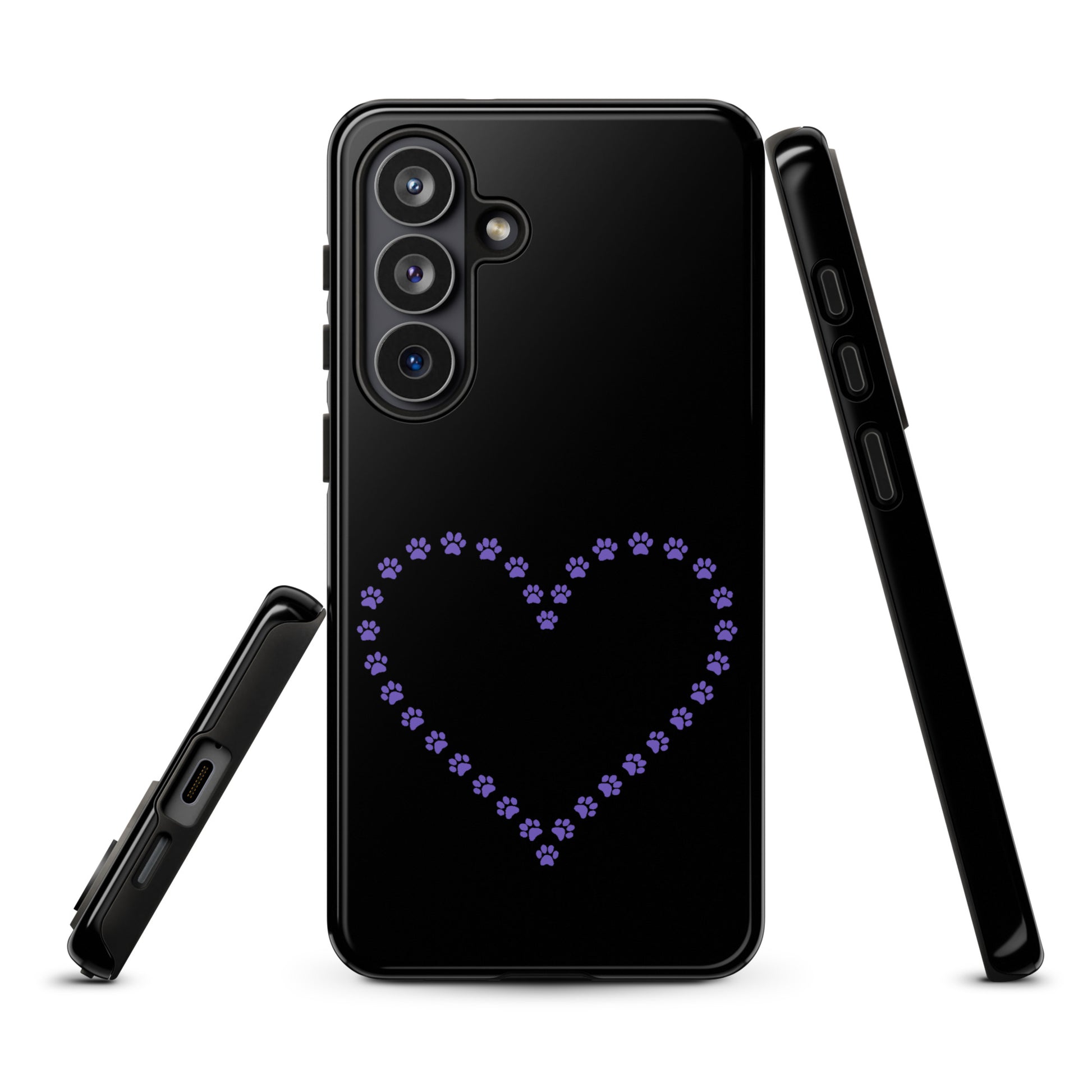 Phone Case for Samsung Galaxy with black design featuring purple paw print heart for pet lovers
