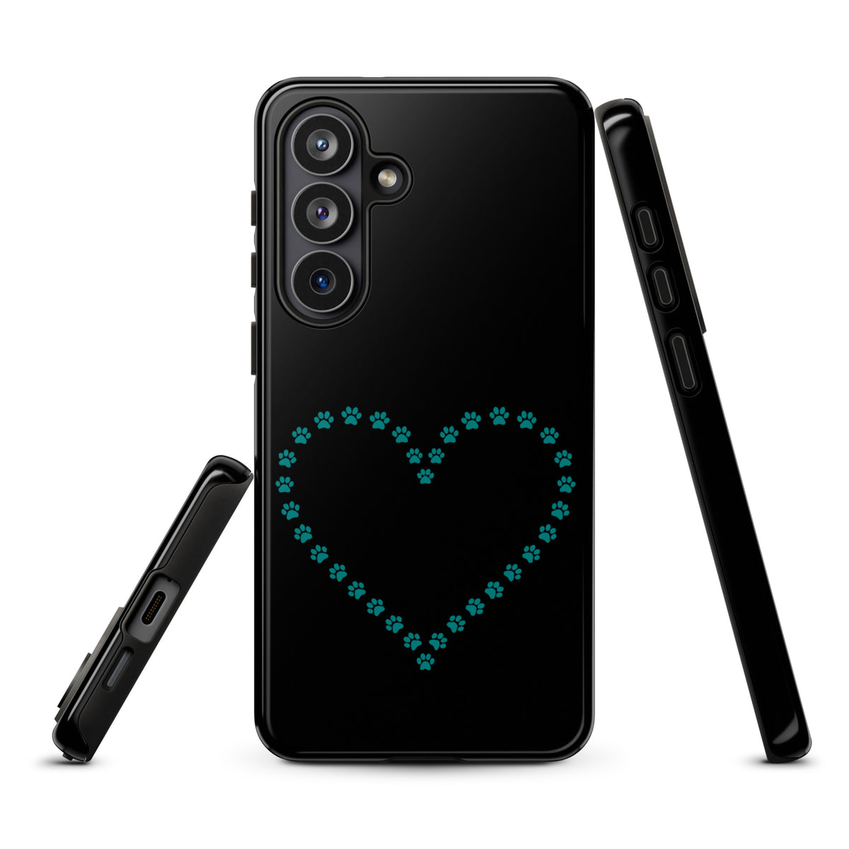 Phone Case for Samsung Galaxy with paw print heart design in black and teal, perfect for pet lovers and offering durable protection.