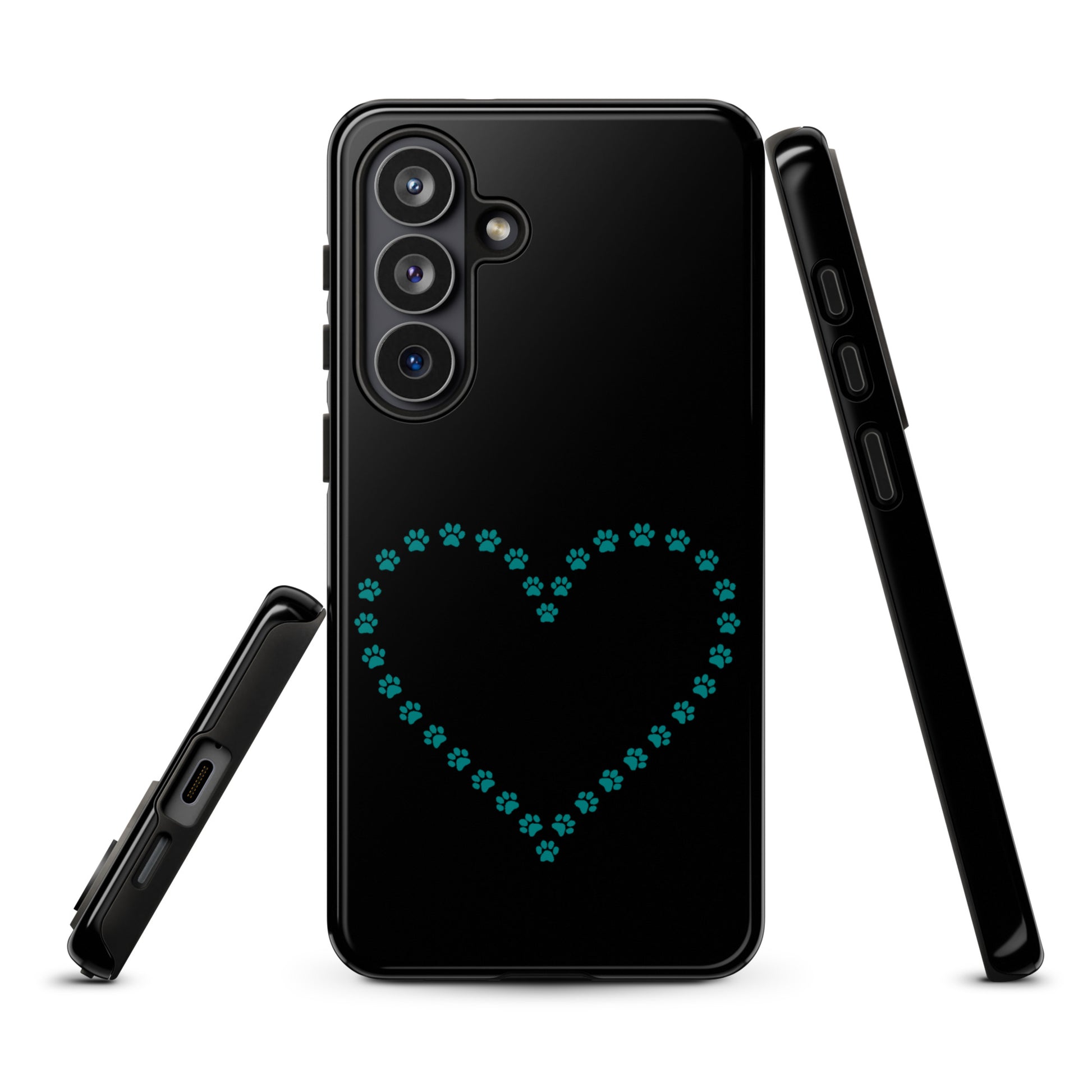 Phone Case for Samsung Galaxy with paw print heart design in black and teal, perfect for pet lovers and offering durable protection.