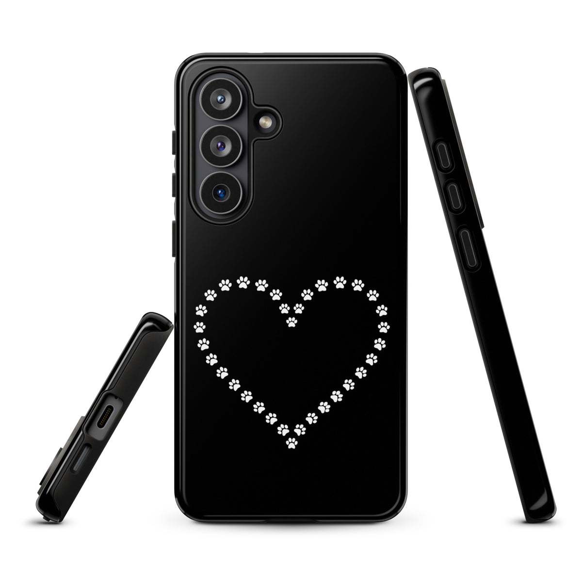 Phone Case for Samsung Galaxy with black and white paw print heart design for pet lovers. Durable, charming, whimsical animal pattern.