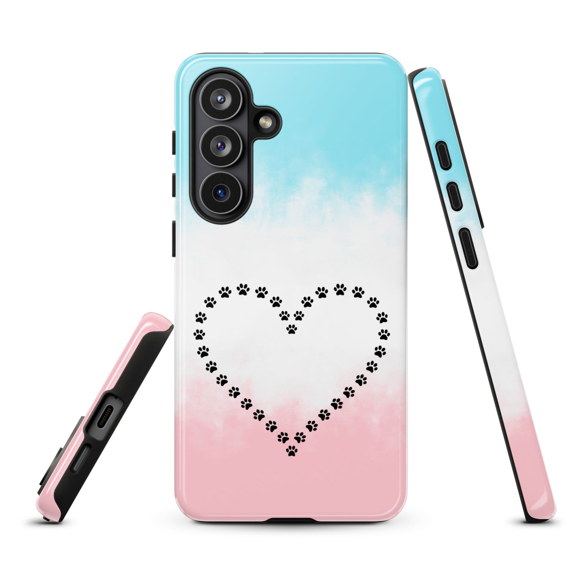 Phone Case for Samsung Galaxy featuring paw print heart design in blue, white, and pink for pet lovers.