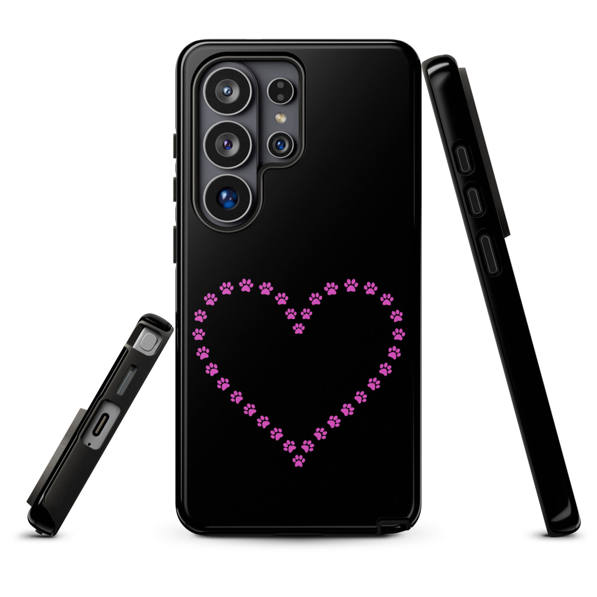 Phone Case for Samsung Galaxy with pink paw print heart design in black, ideal for pet lovers, blends style and protection.