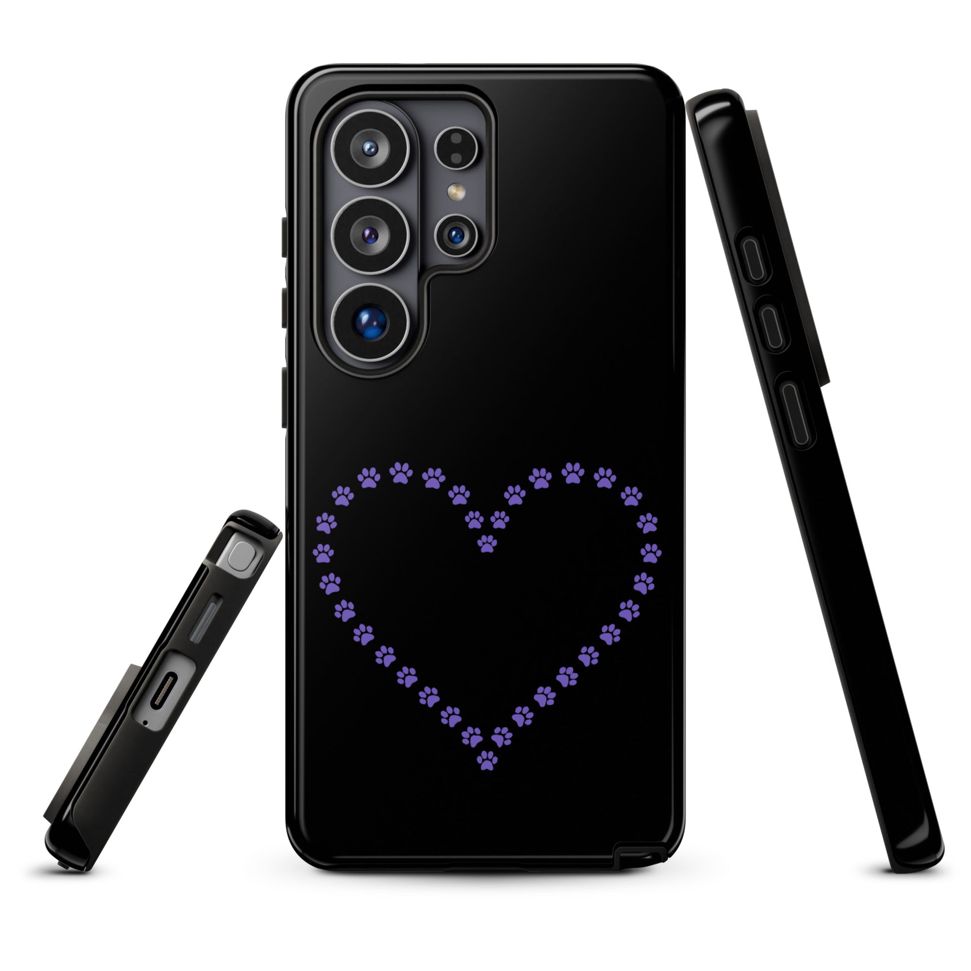 Phone Case for Samsung Galaxy with Paw Print Heart Design in Black/Purple for Pet Lovers
