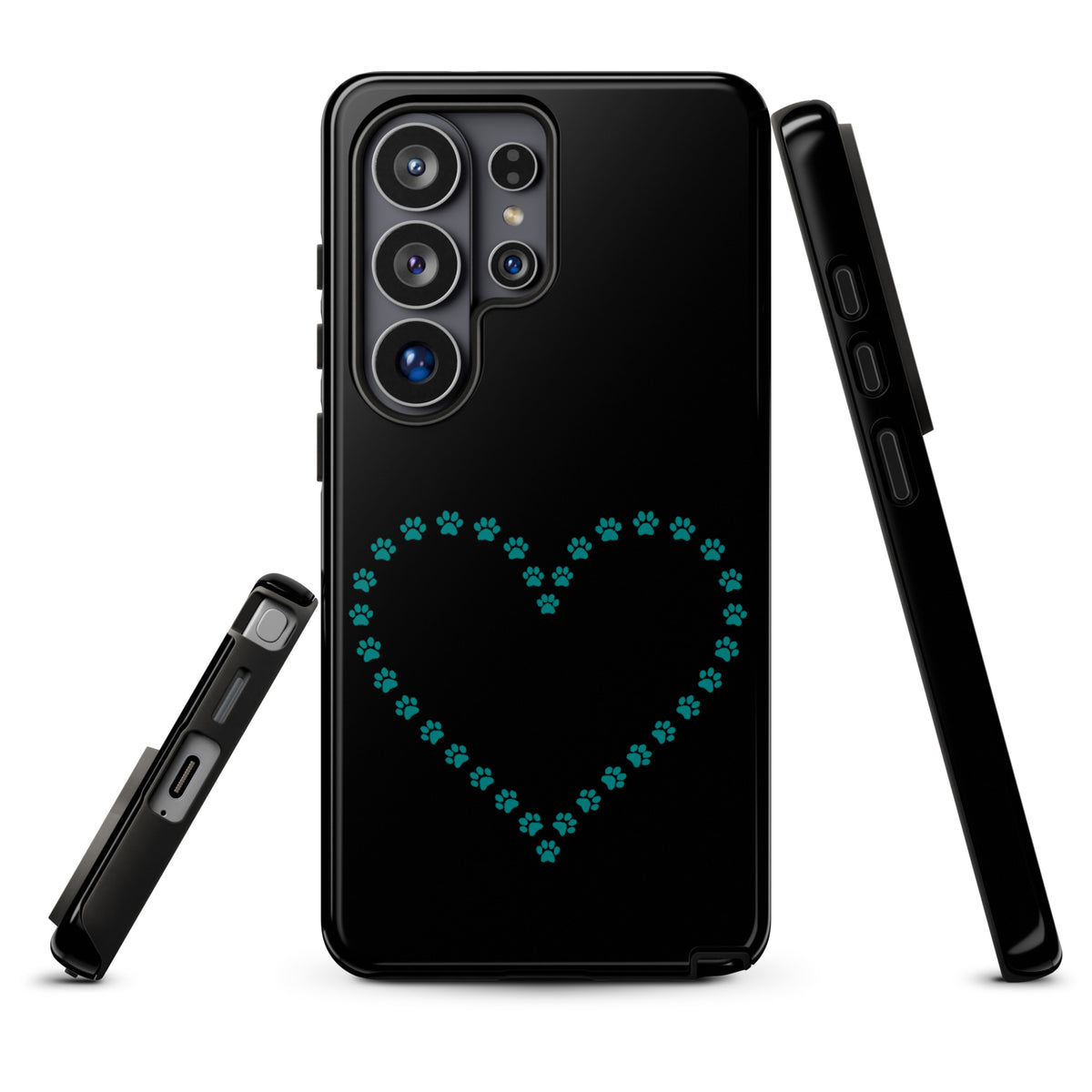 Phone Case for Samsung Galaxy with a teal paw print heart design, perfect for pet lovers. Durable and stylish in black.