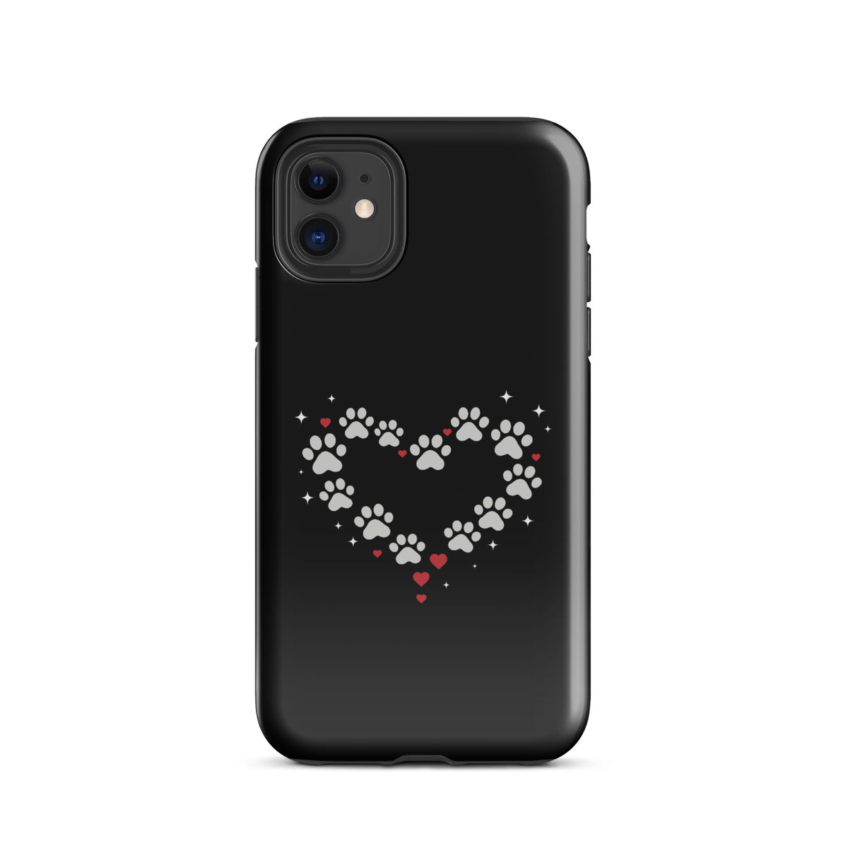 Phone Case for iPhone with paw-print heart design on black background for pet lovers.