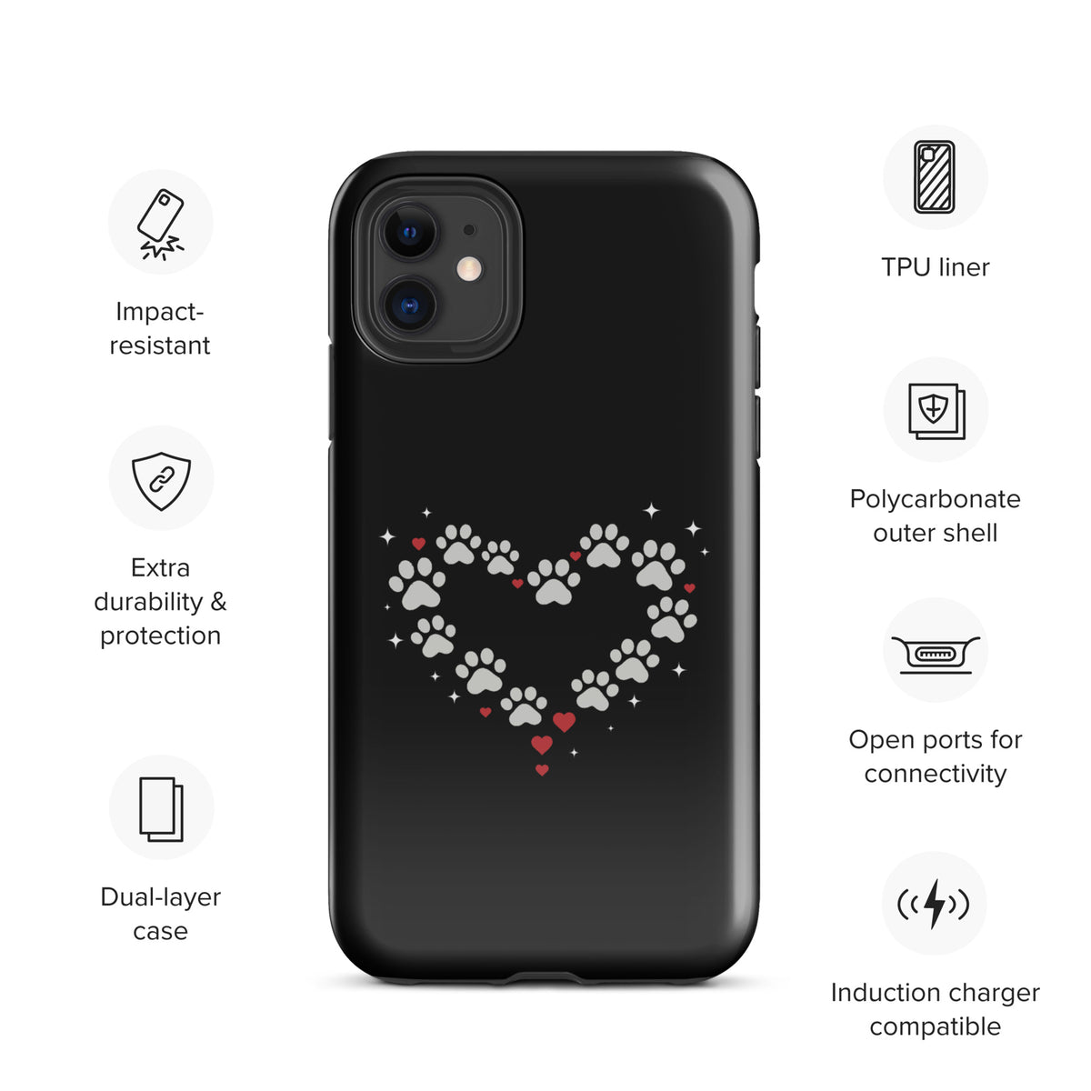 Phone Case for iPhone with paw-print heart design, black and gray pattern, ideal for pet lovers seeking stylish luxury protection.