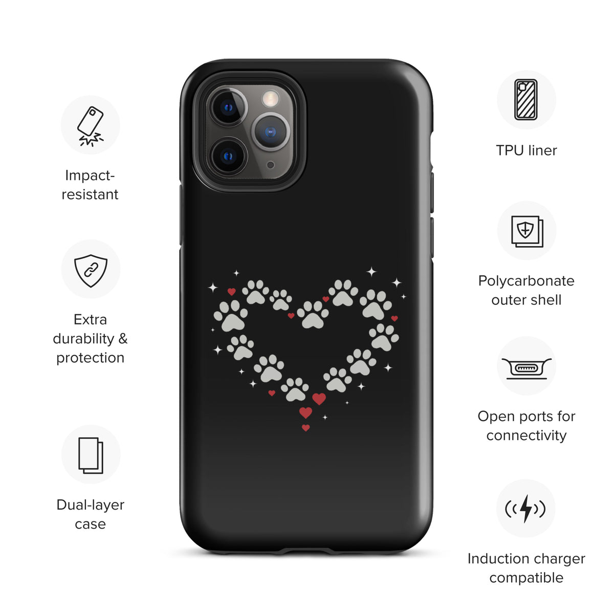 Phone Case for iPhone with paw-print heart design, black and gray, luxury style for pet lovers, impact-resistant, durable protection.